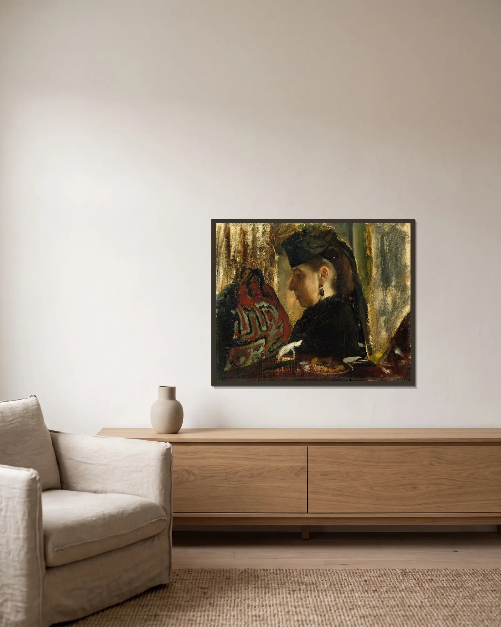 Marie Dihau (1843–1935) av Edgar Degas inramad på en vägg