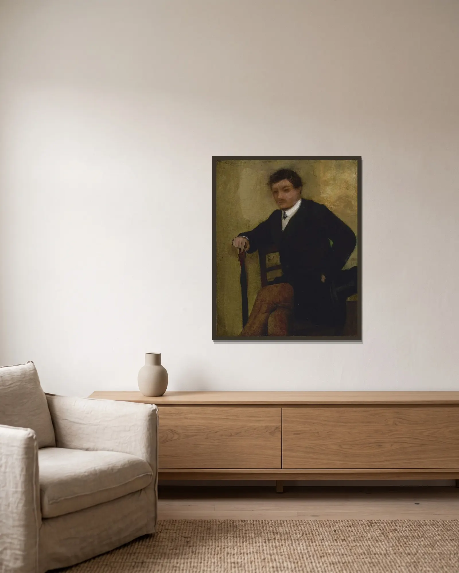 Portrait d’homme assis av Edgar Degas inramad på en vägg