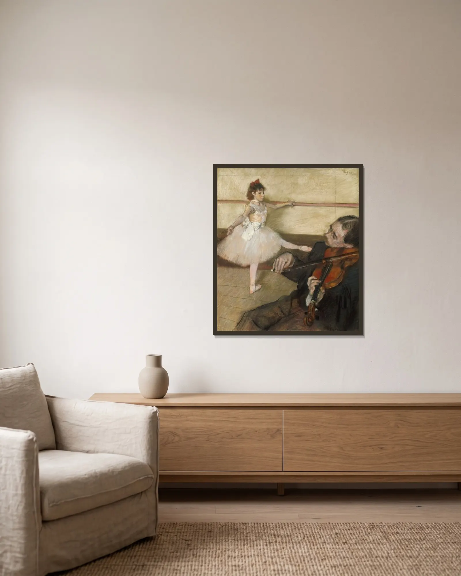 The Dance Lesson av Edgar Degas inramad på en vägg