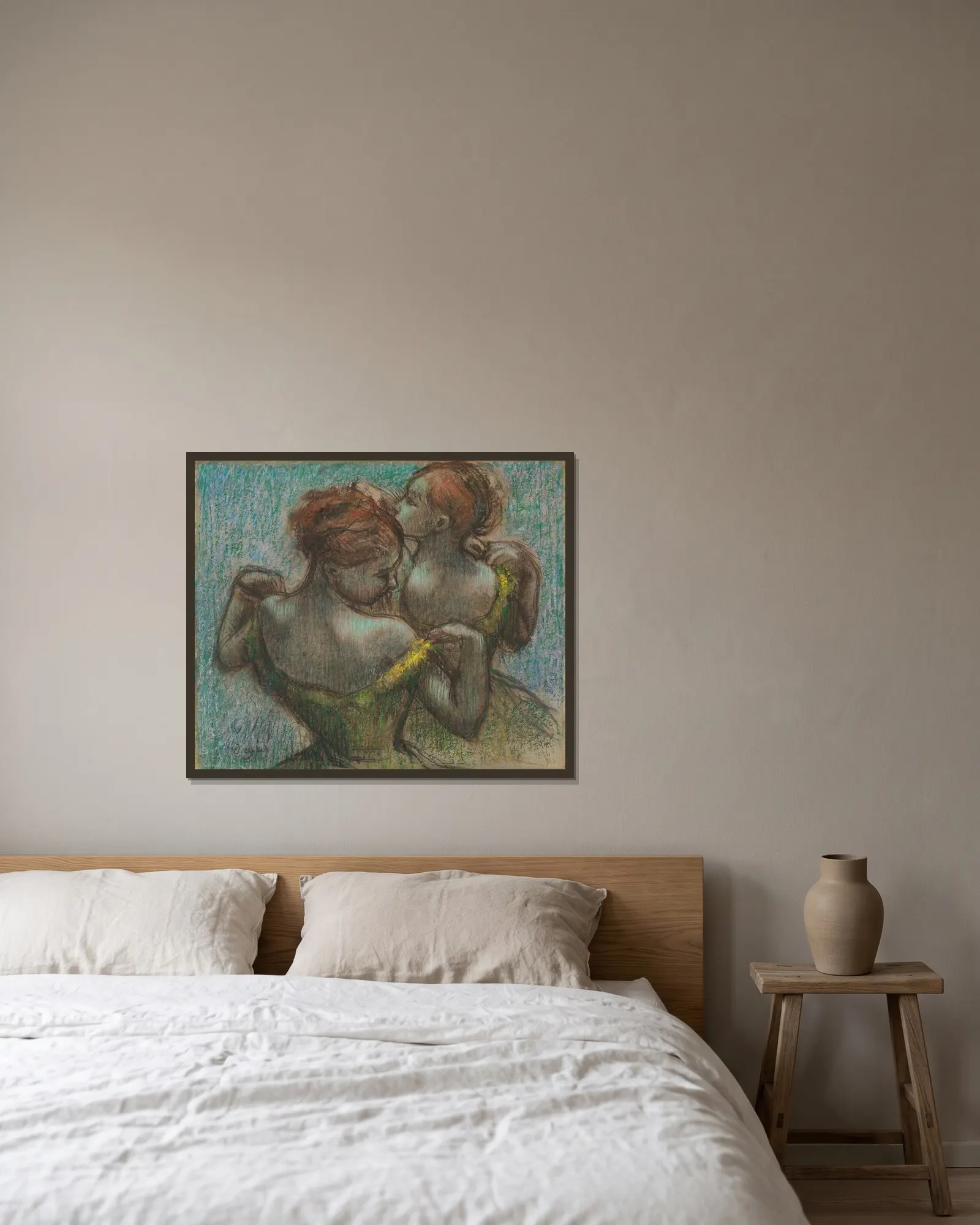 Two Dancers, Half-length av Edgar Degas inramad på en vägg