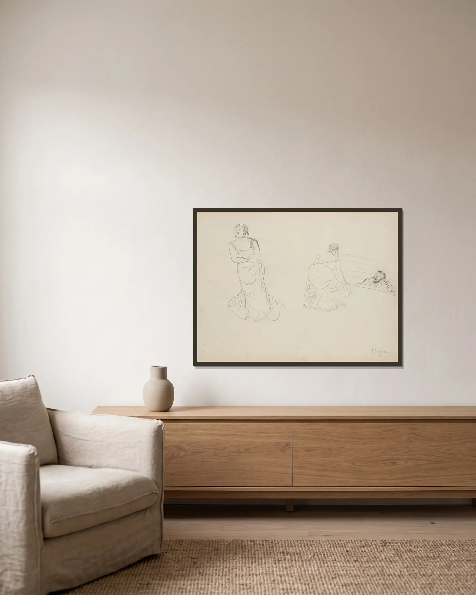 Two Sketches av Edgar Degas inramad på en vägg