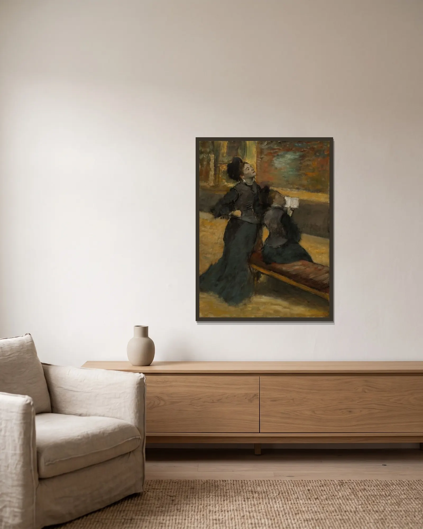 Visit to a Museum av Edgar Degas inramad på en vägg