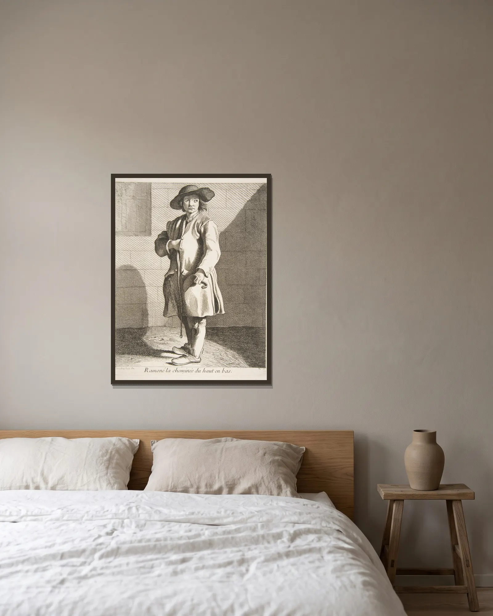 Chimney Sweep av Edmé Bouchardon inramad på en vägg