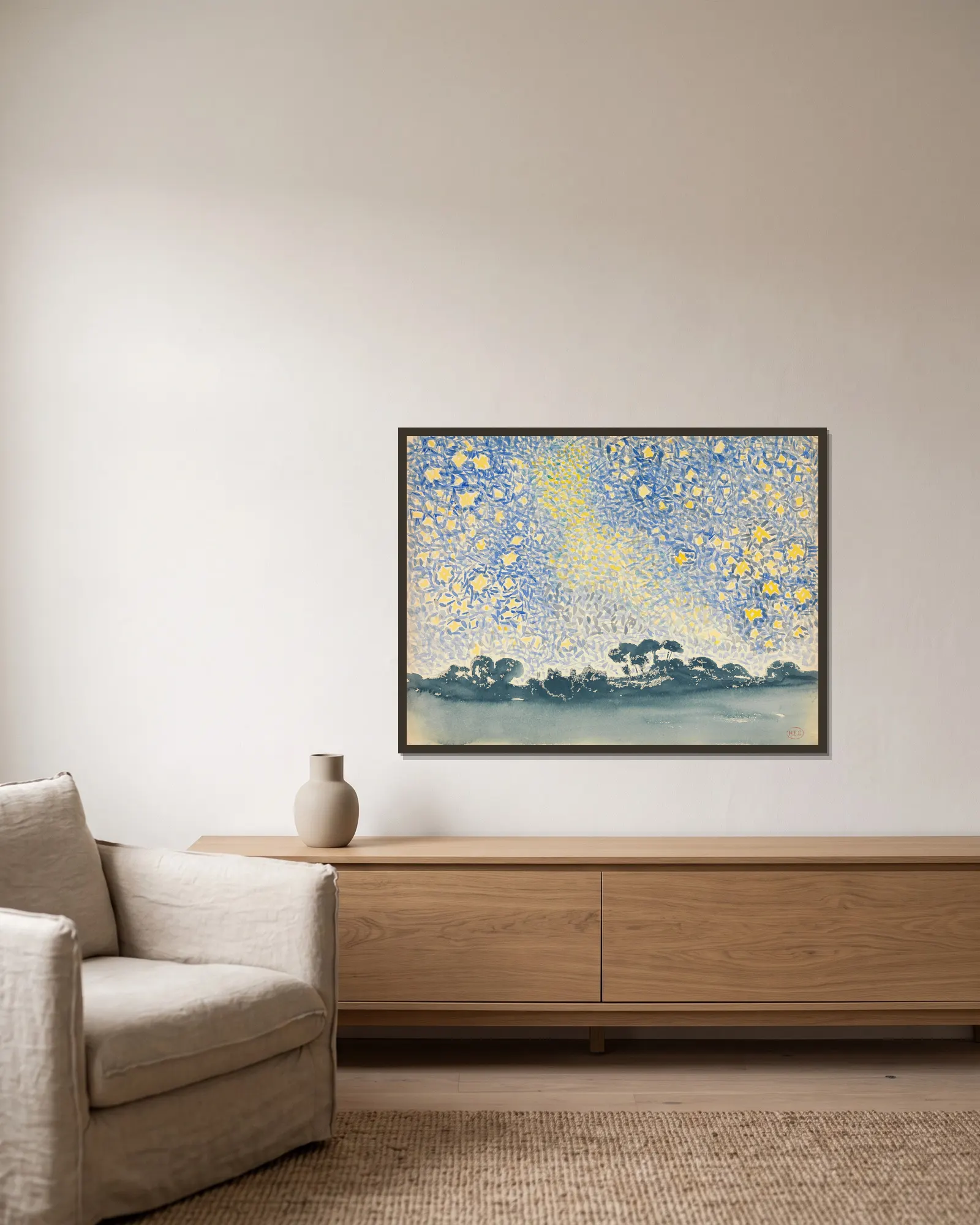 Landscape with Stars av Henri-Edmond Cross inramad på en vägg