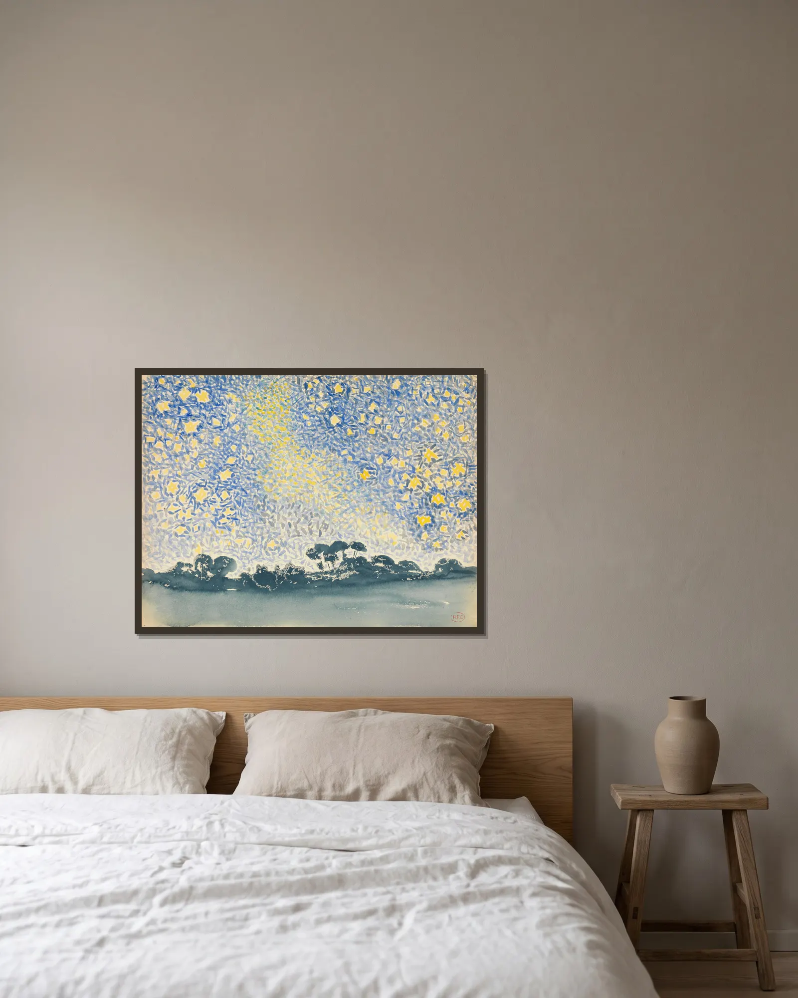 Landscape with Stars av Henri-Edmond Cross inramad på en vägg