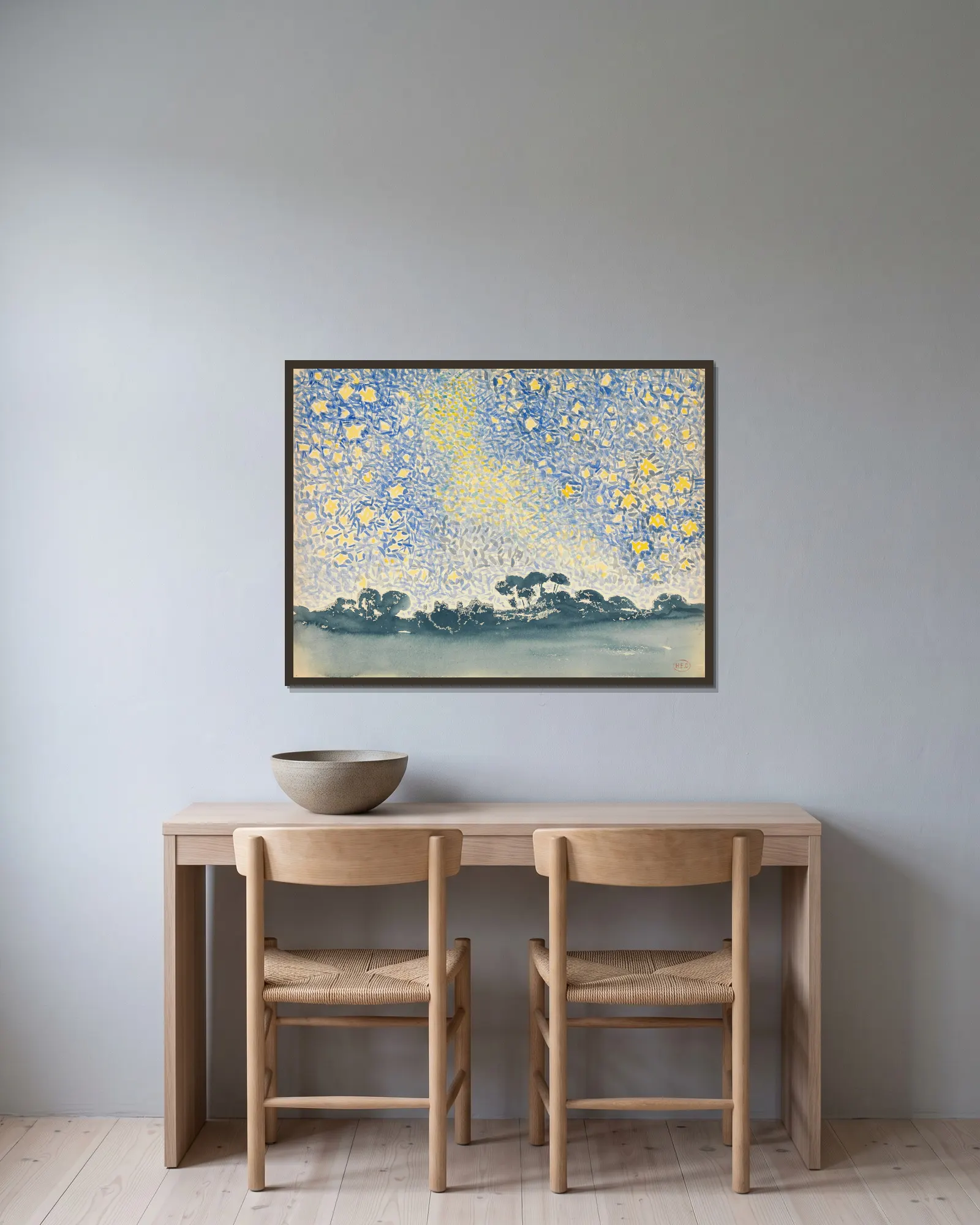 Landscape with Stars av Henri-Edmond Cross inramad på en vägg