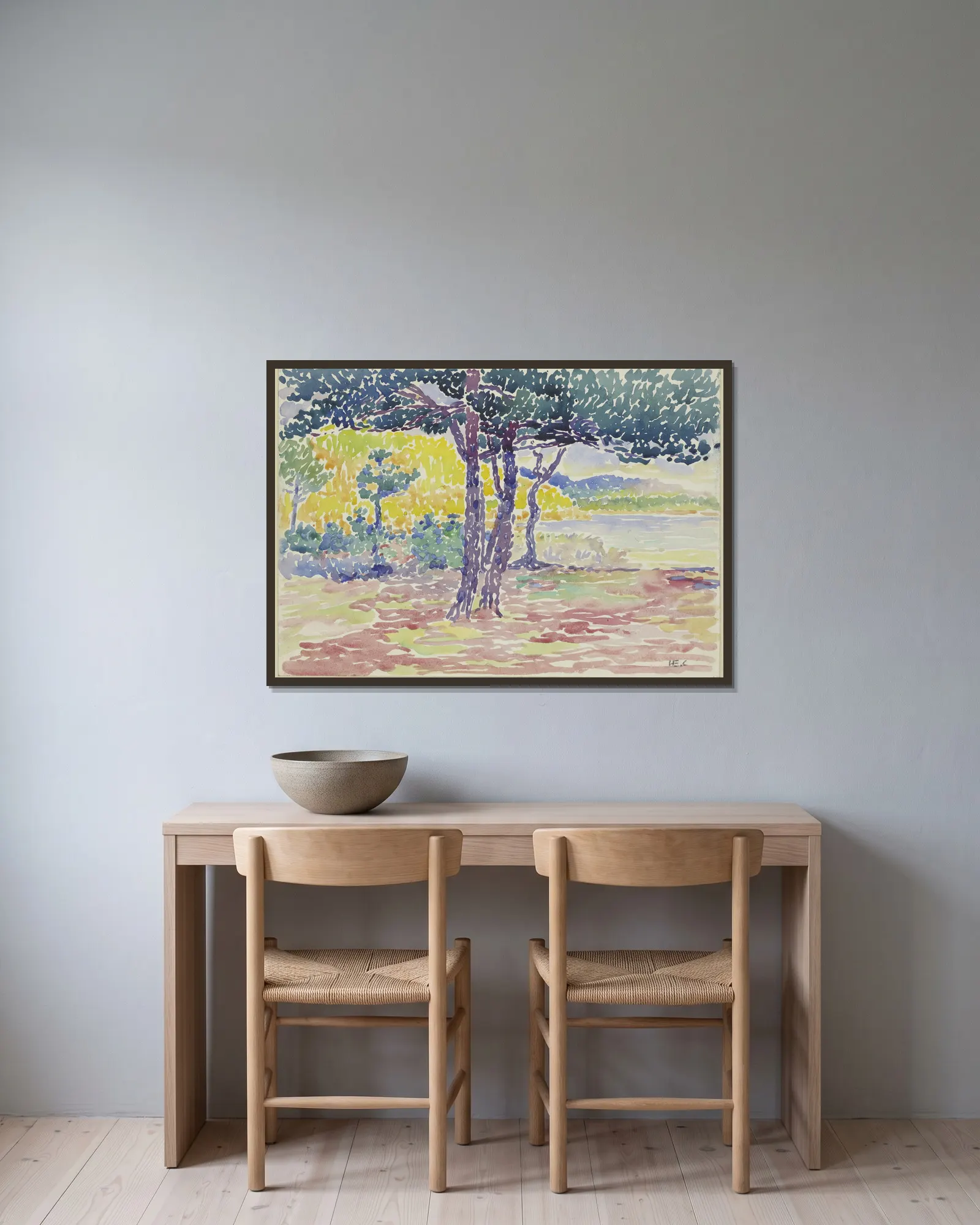 Meeresgestade (südl. Frankreich) av Henri-Edmond Cross inramad på en vägg