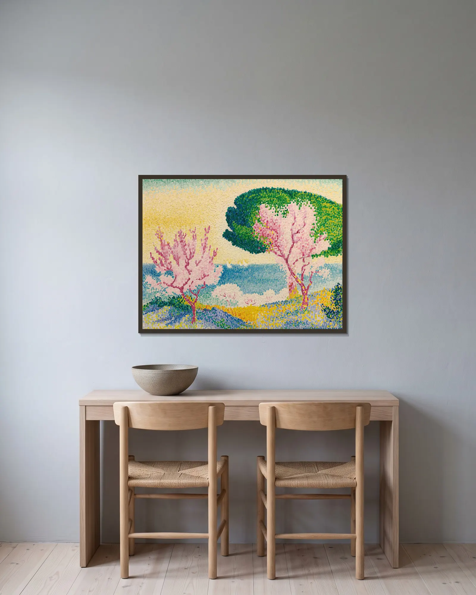 Printemps Rose av Henri-Edmond Cross inramad på en vägg