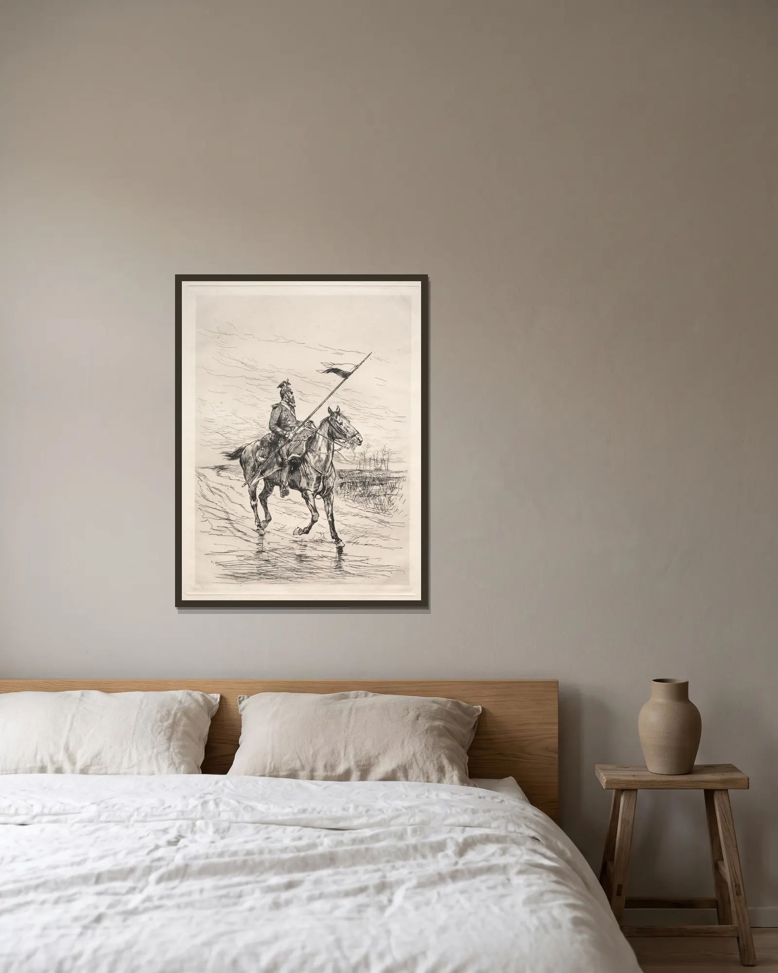 An Uhlan av Jean-Baptiste Édouard Detaille inramad på en vägg