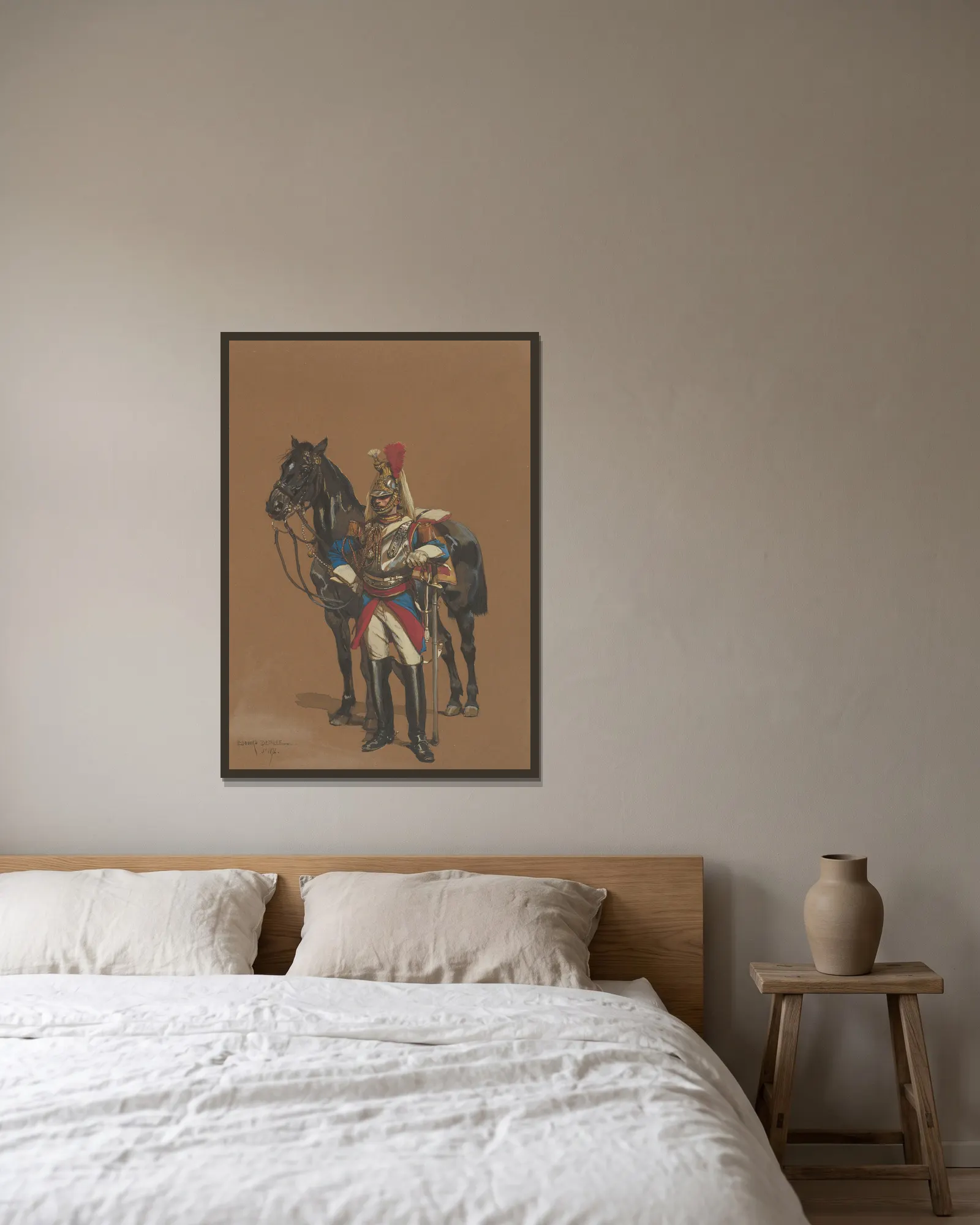 Cuirassier av Jean-Baptiste Édouard Detaille inramad på en vägg