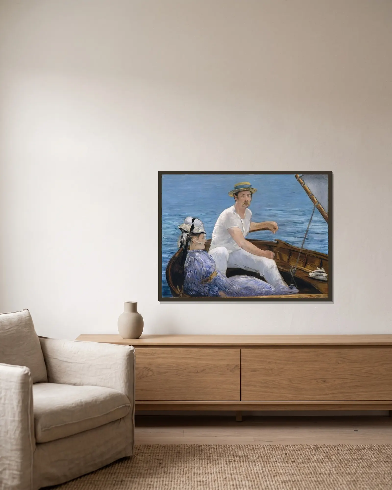 Boating av Édouard Manet inramad på en vägg