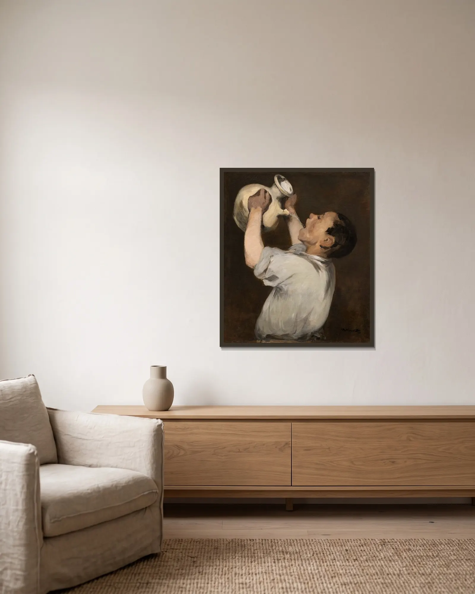 Boy with Pitcher (La Régalade) av Édouard Manet inramad på en vägg