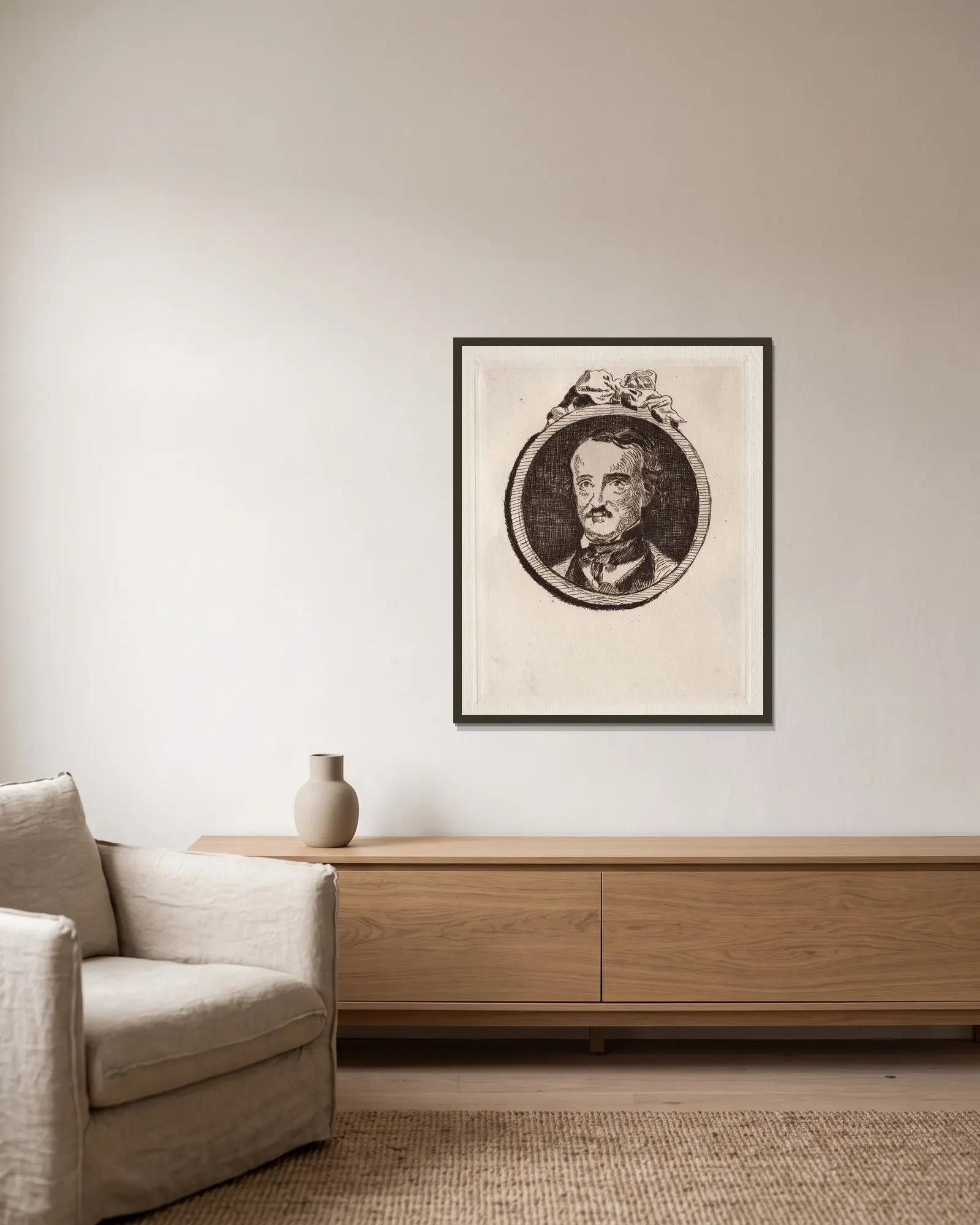 Edgar Allan Poe av Édouard Manet inramad på en vägg