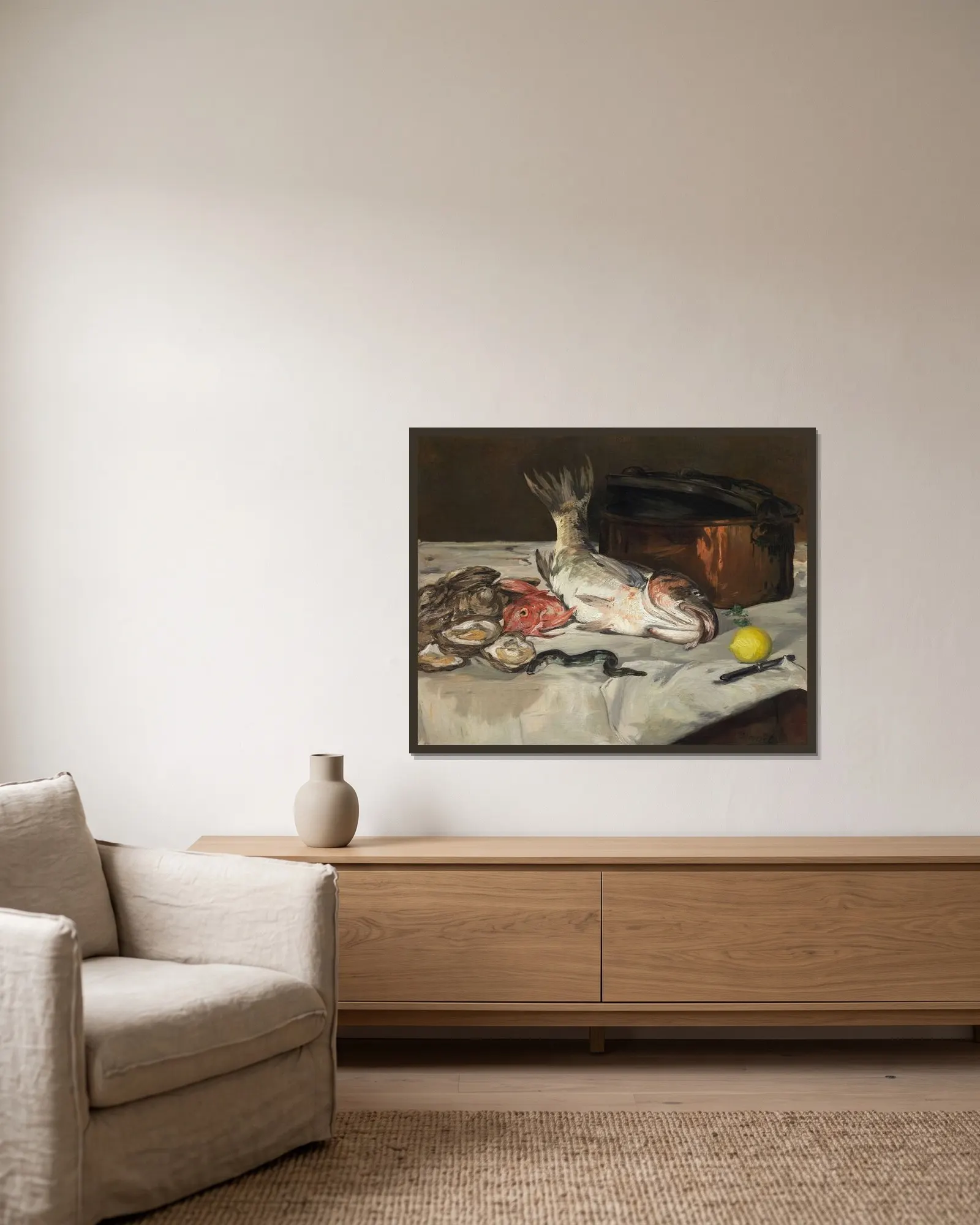 Fish (Still Life) av Édouard Manet inramad på en vägg