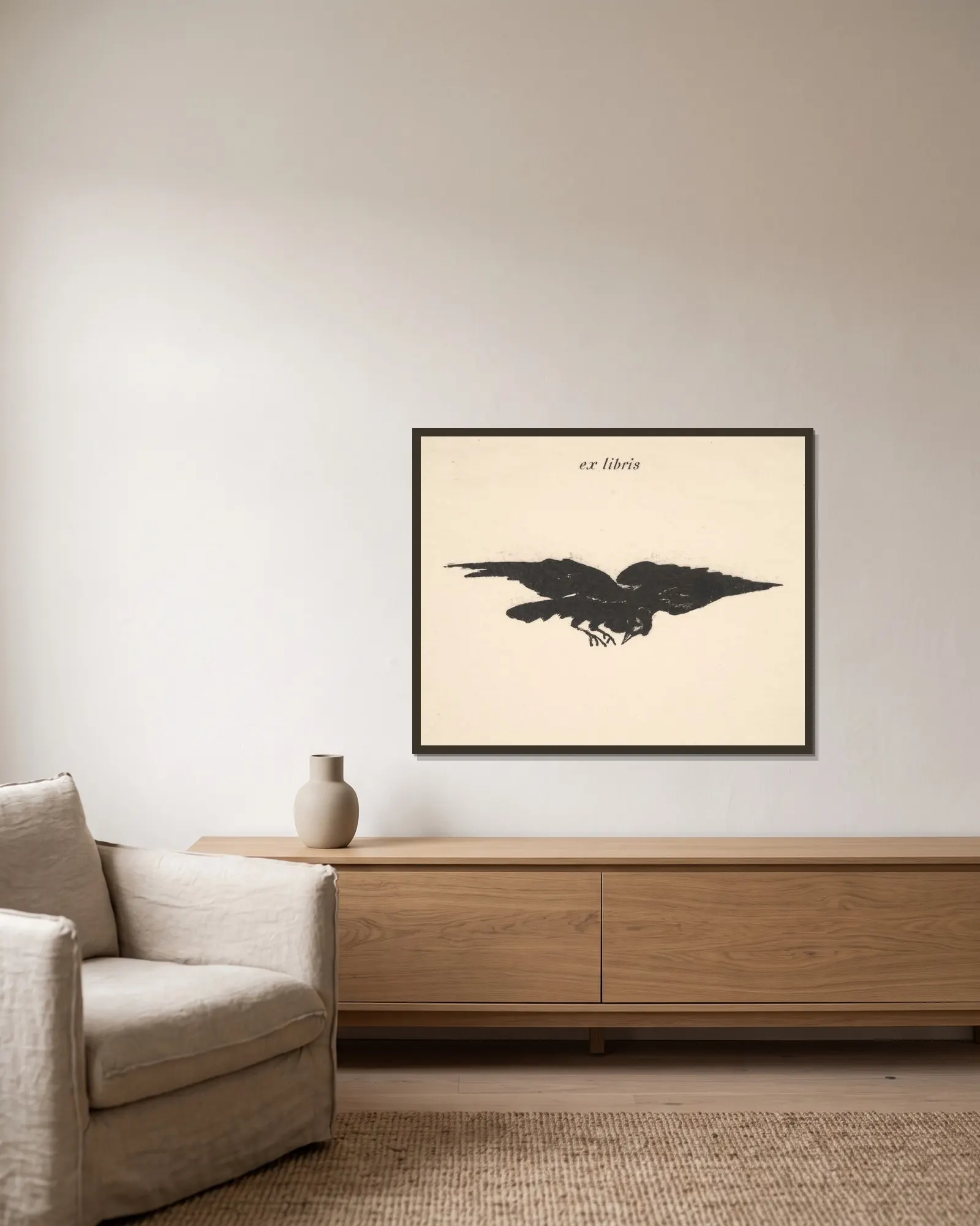 Flying Raven (ex libris) av Édouard Manet inramad på en vägg
