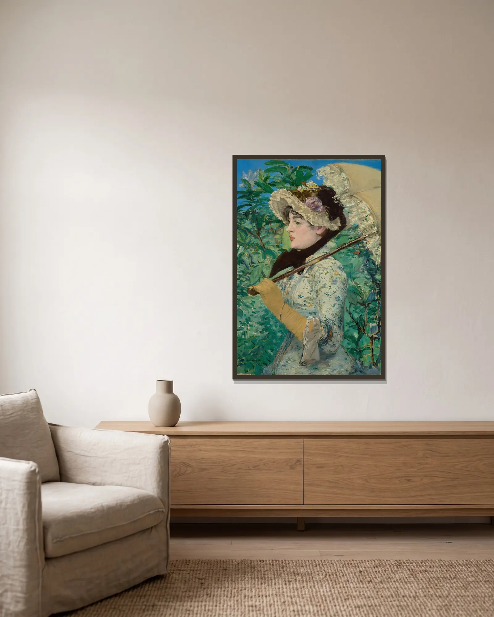 Jeanne (Spring) av Édouard Manet inramad på en vägg