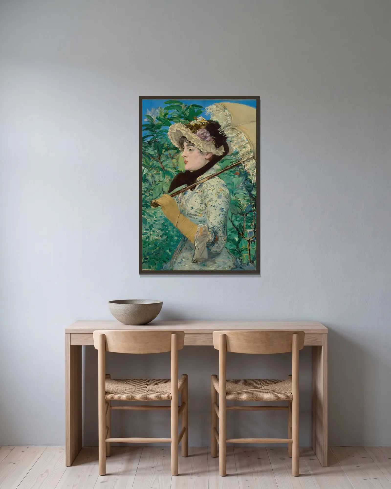 Jeanne (Spring) av Édouard Manet inramad på en vägg