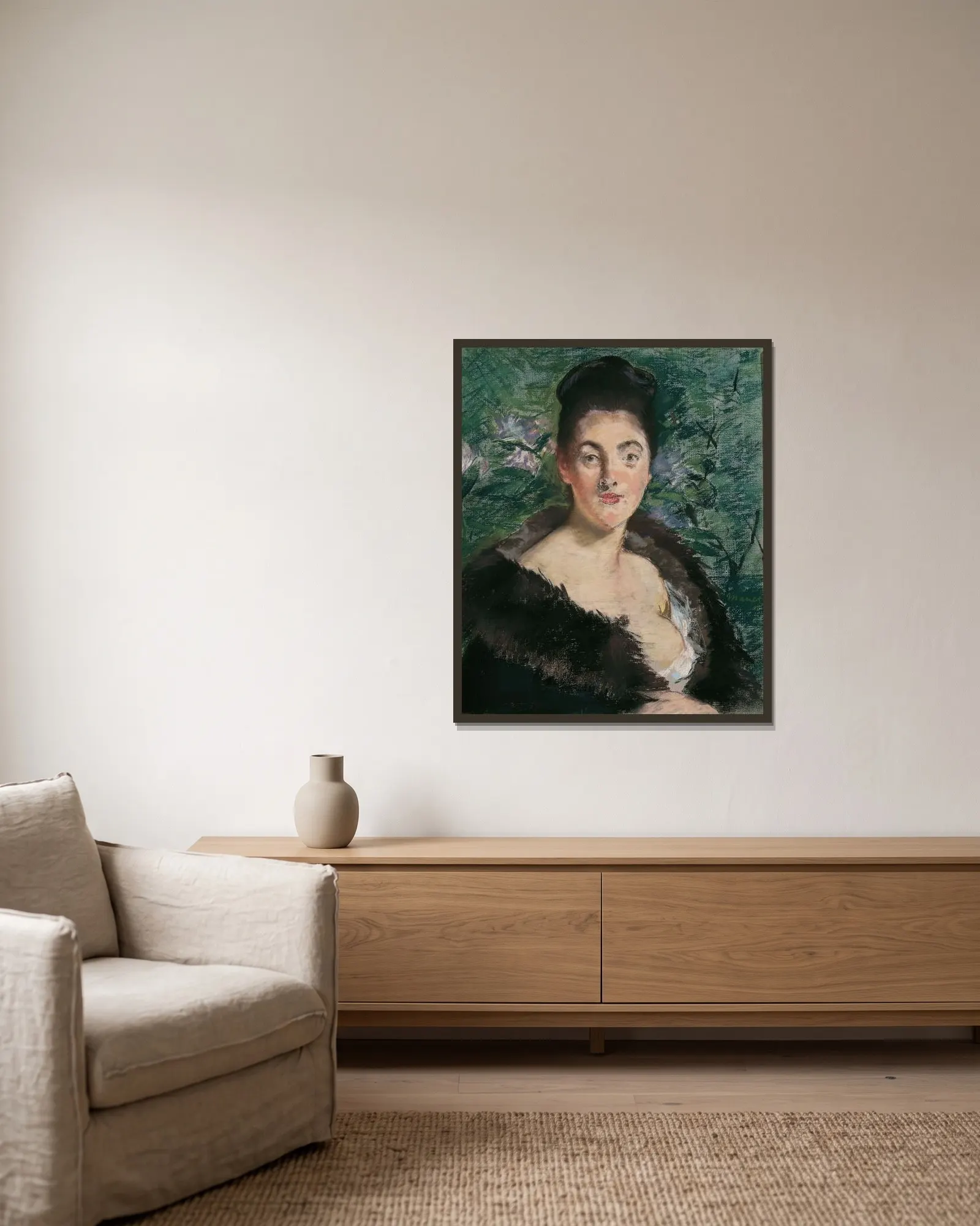 Lady in fur av Édouard Manet inramad på en vägg