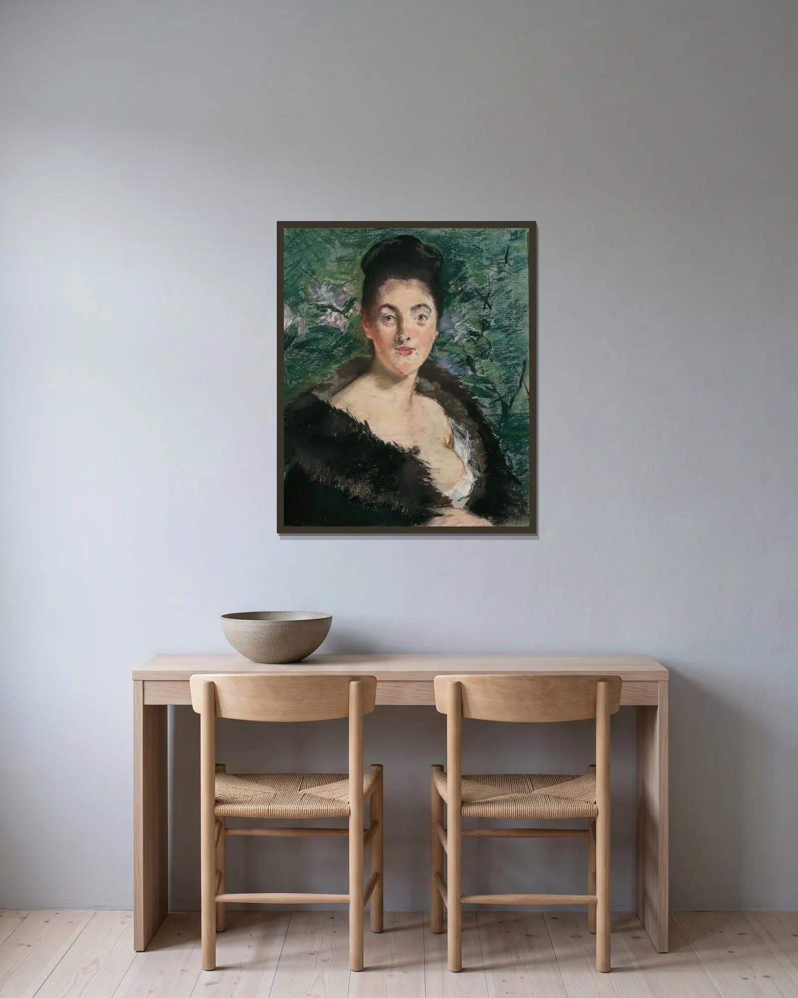 Lady in fur av Édouard Manet inramad på en vägg