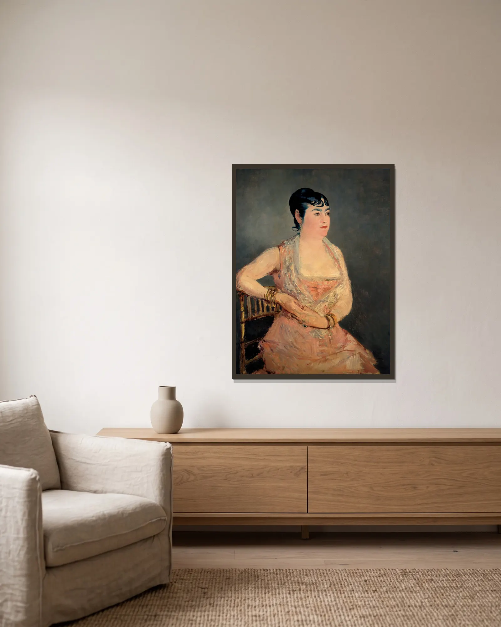 Lady In Pink av Édouard Manet inramad på en vägg