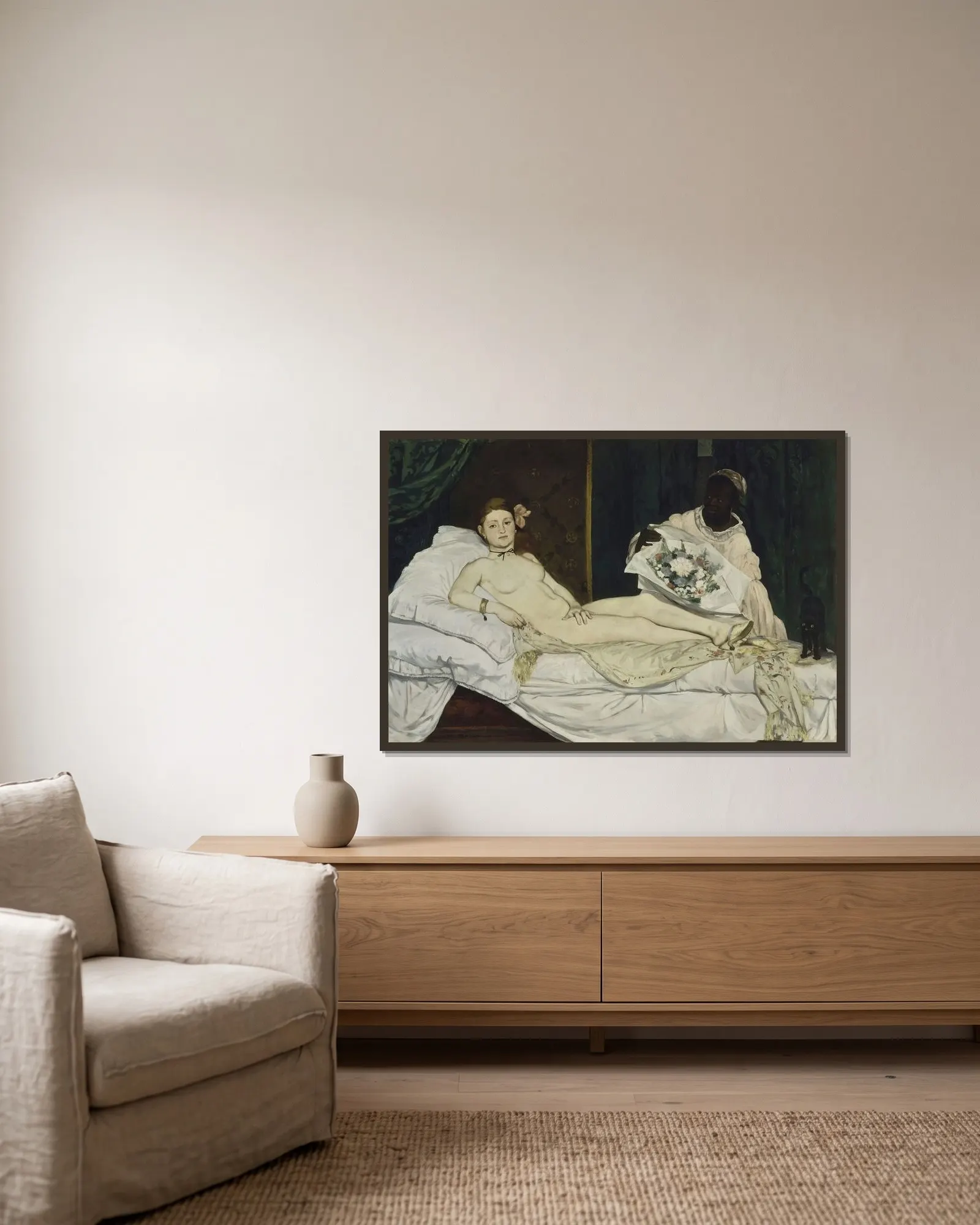 Olympia av Édouard Manet inramad på en vägg