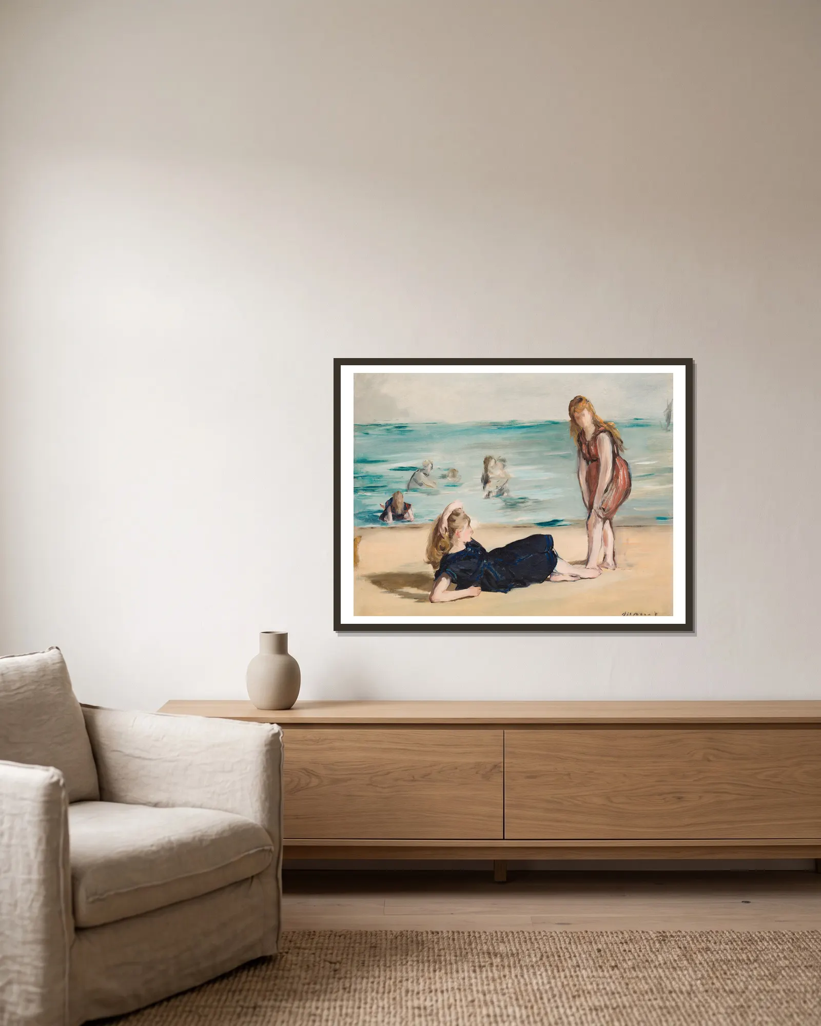 On the Beach av Édouard Manet inramad på en vägg