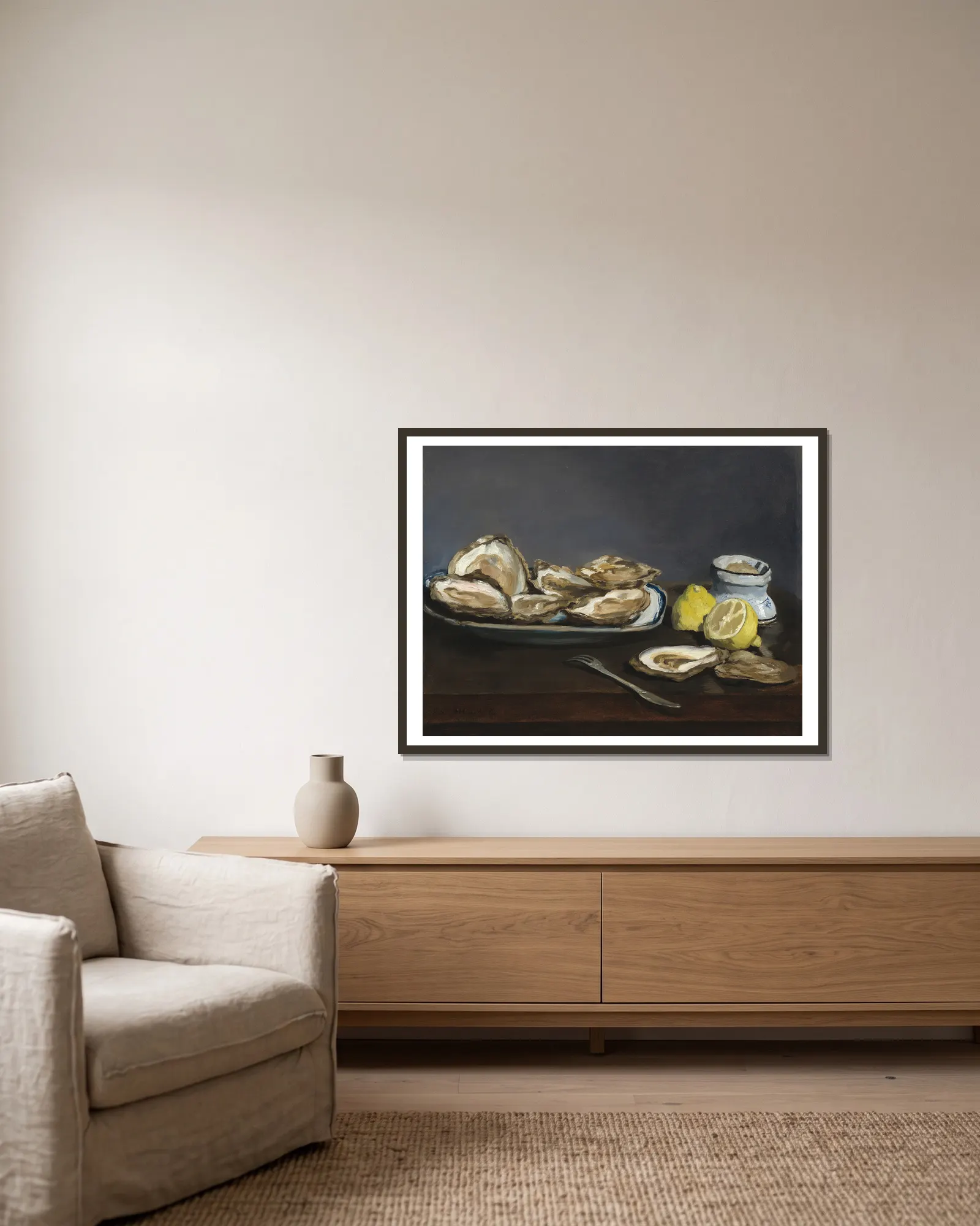 Oysters av Édouard Manet inramad på en vägg