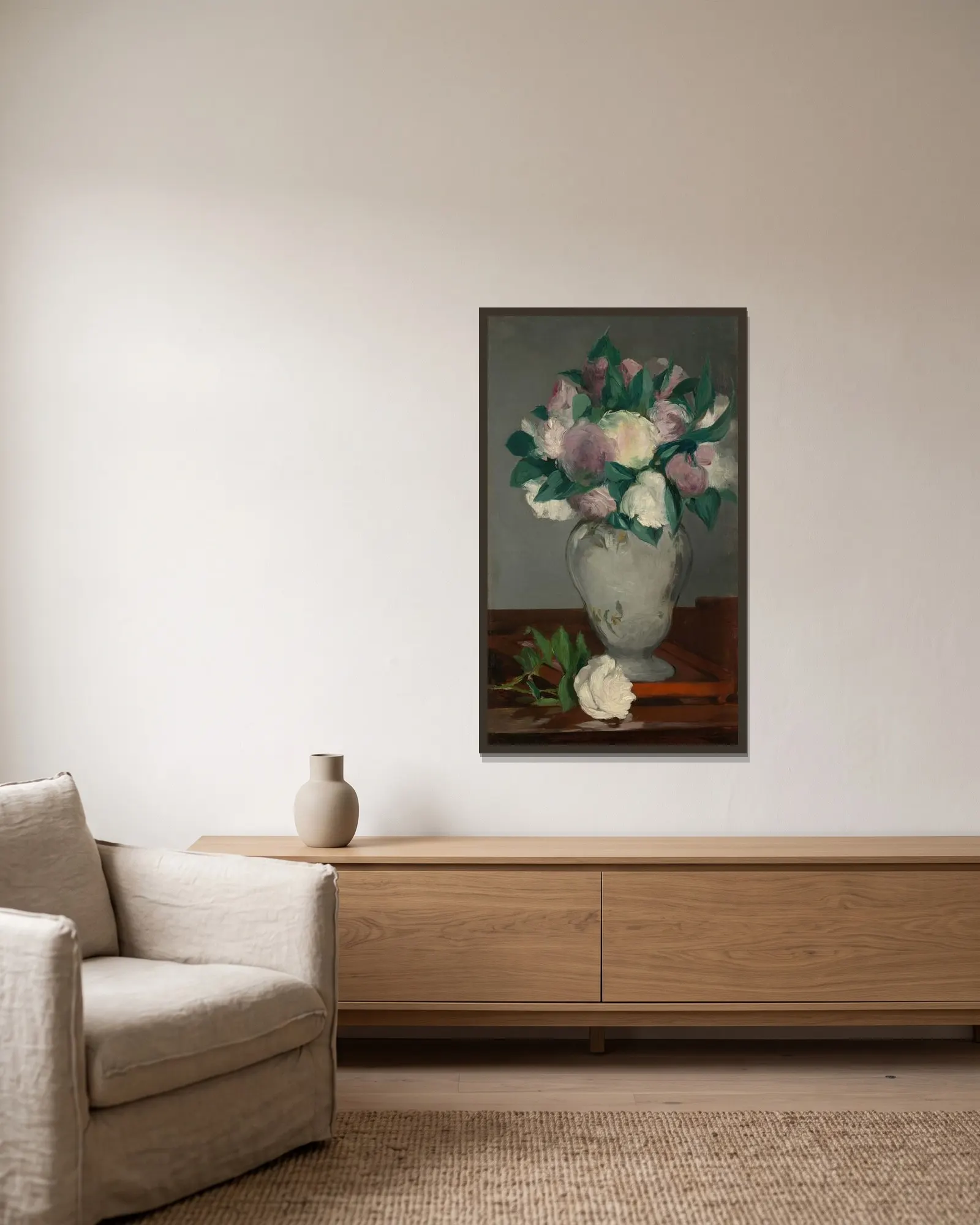 Peonies av Édouard Manet inramad på en vägg