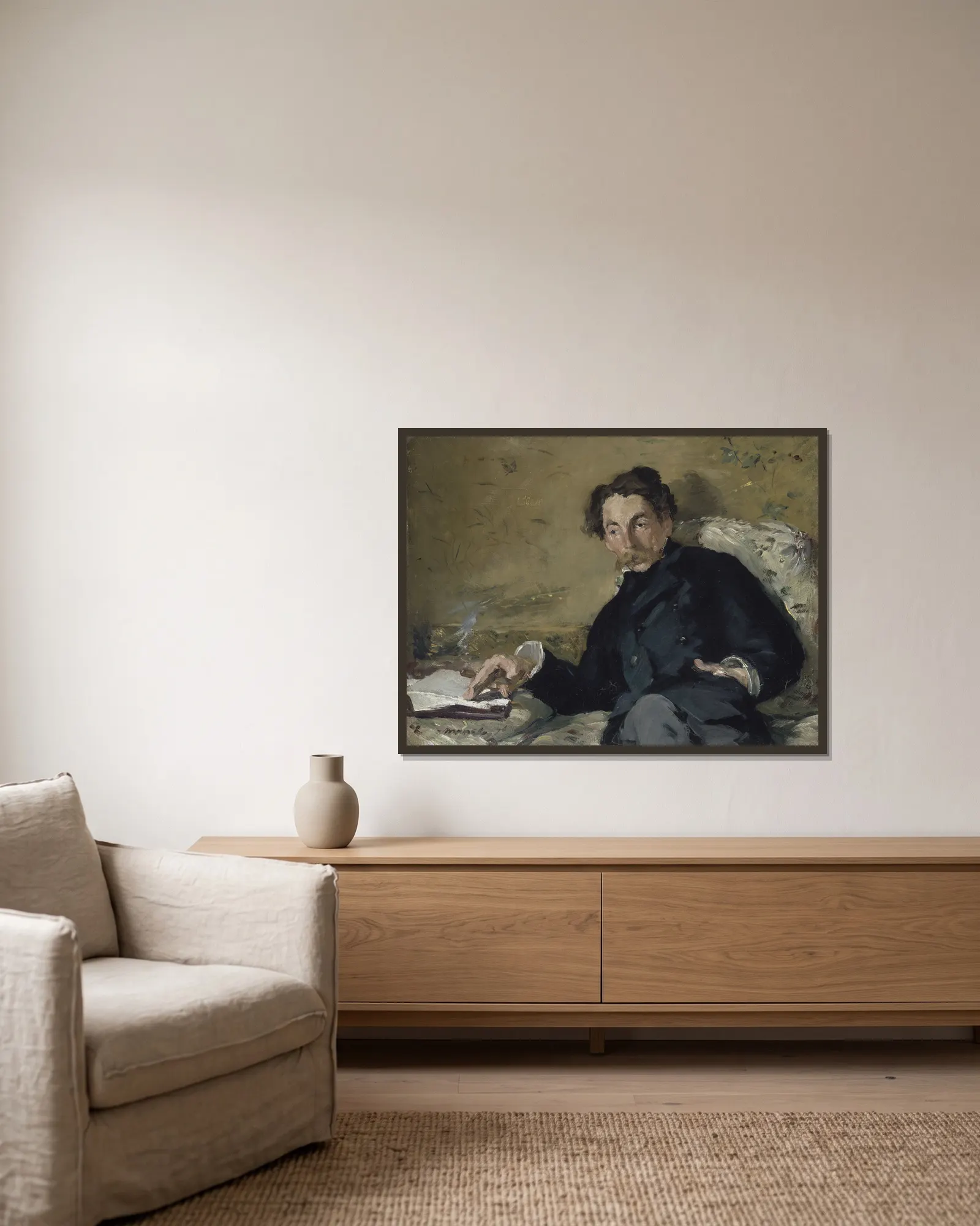 Stéphane Mallarmé av Édouard Manet inramad på en vägg