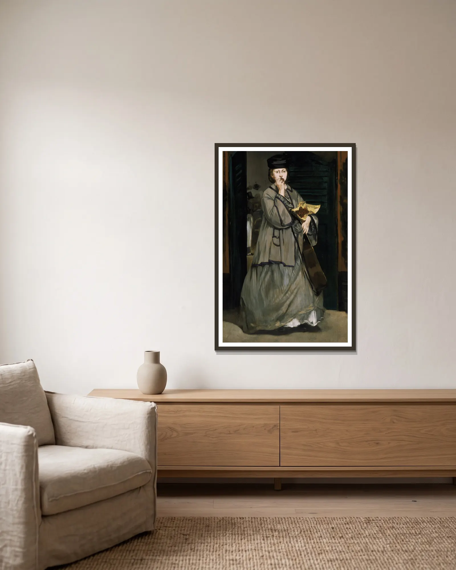 Street Singer av Édouard Manet inramad på en vägg