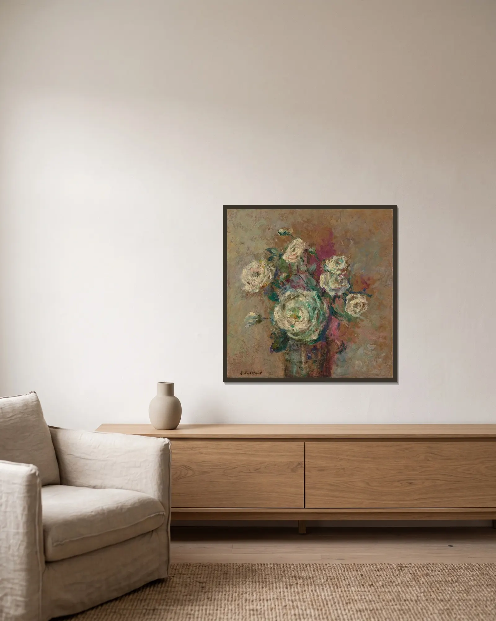 Les roses blanches av Édouard Vuillard inramad på en vägg