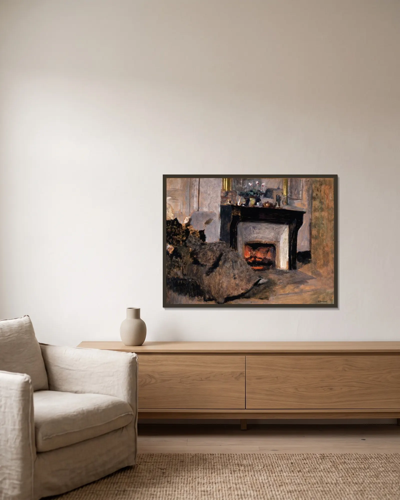 The Fireplace av Édouard Vuillard inramad på en vägg