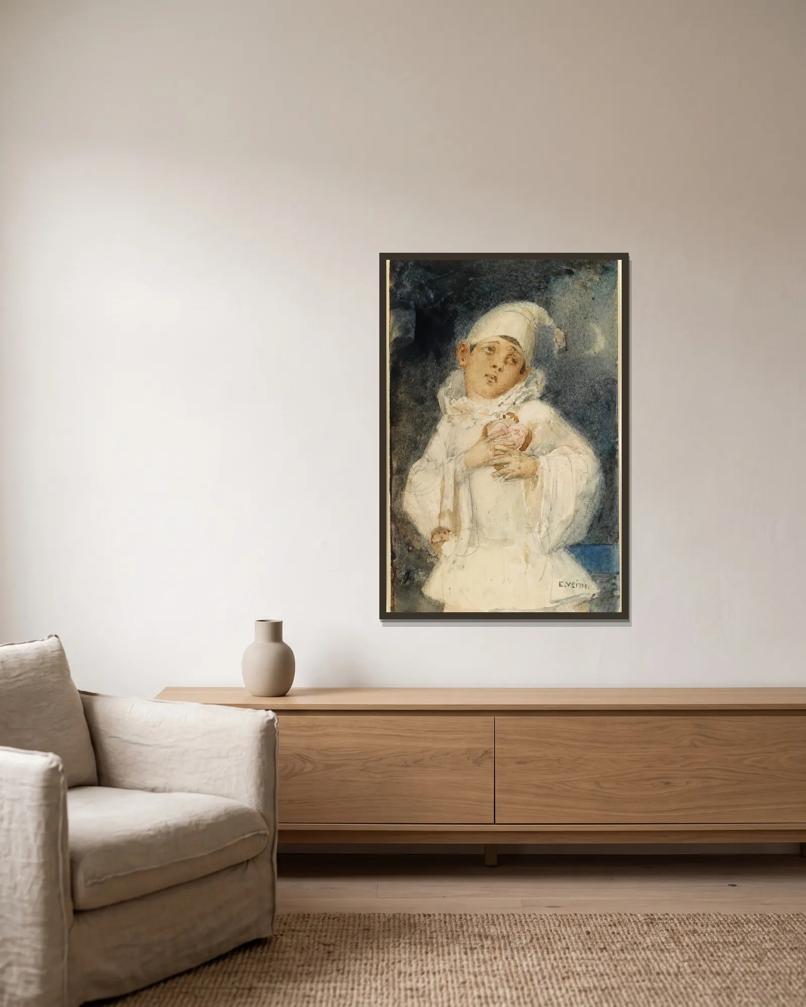 Harlekin av Eduard Veith inramad på en vägg