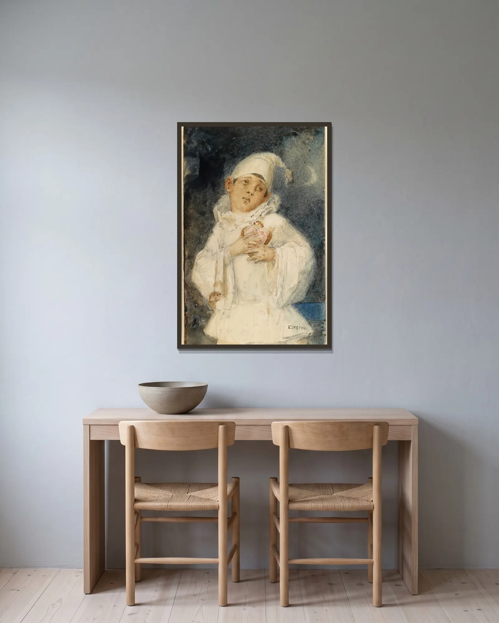 Harlekin av Eduard Veith inramad på en vägg