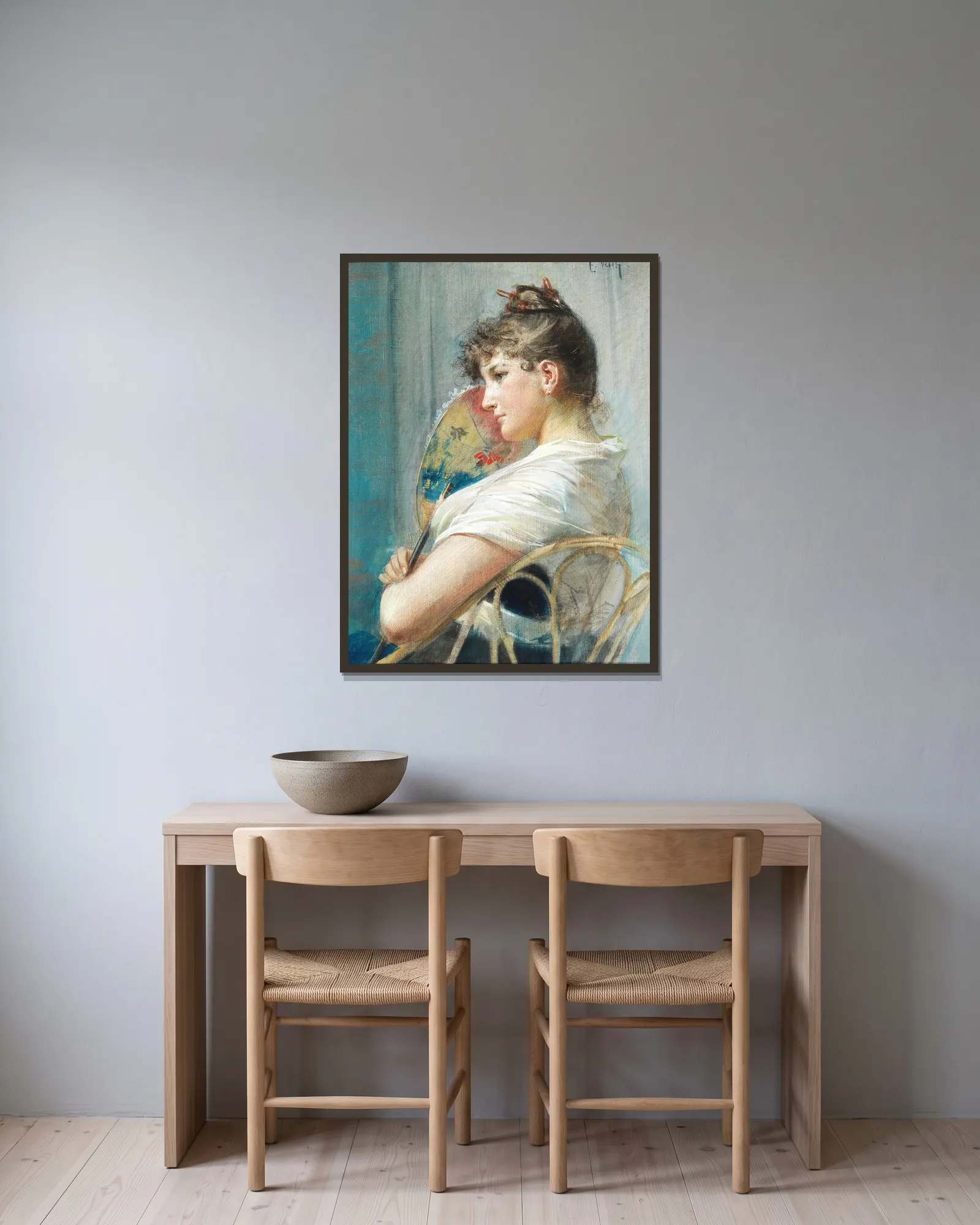 The Japanese Fan av Eduard Veith inramad på en vägg