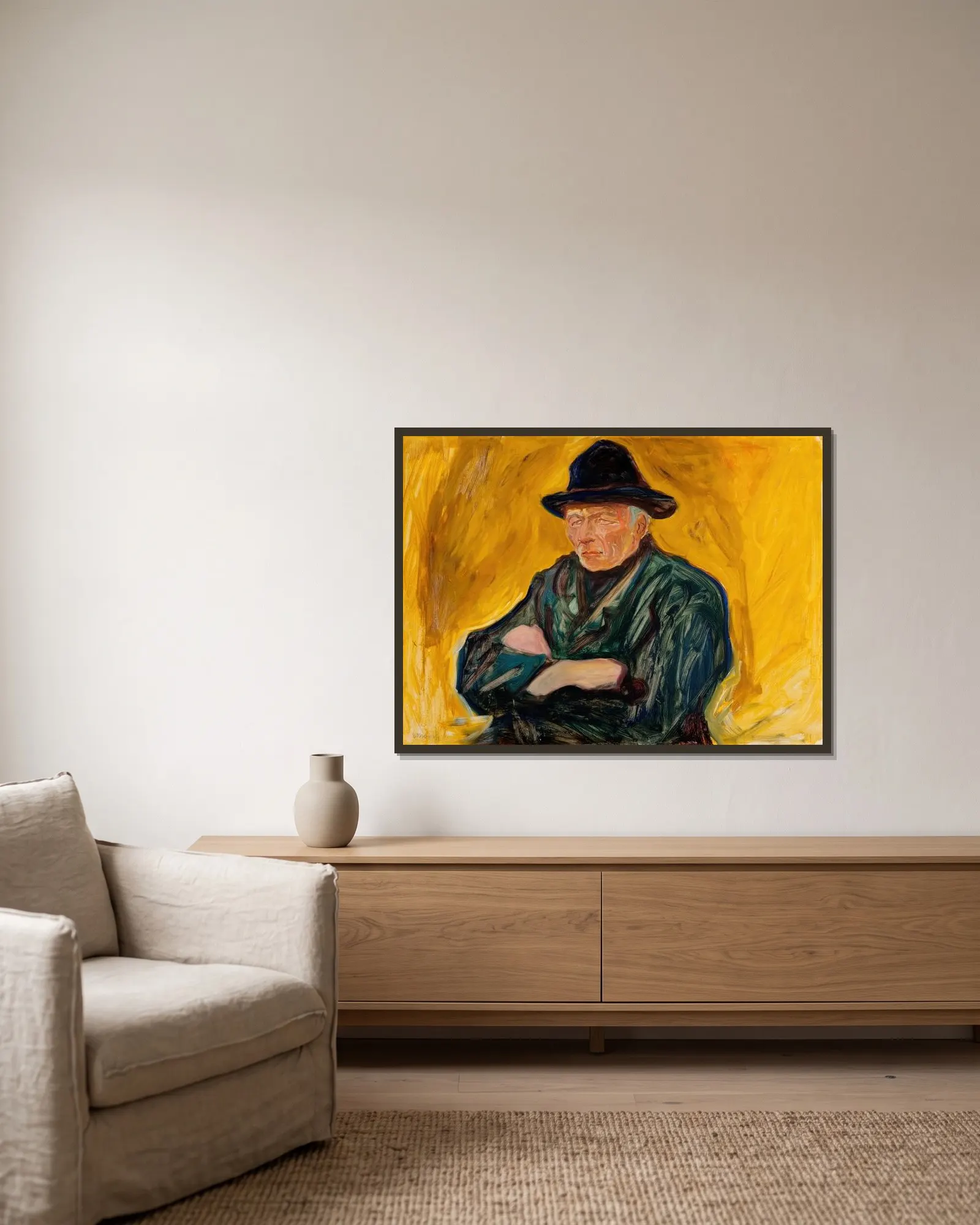 An Old Man av Edvard Munch inramad på en vägg