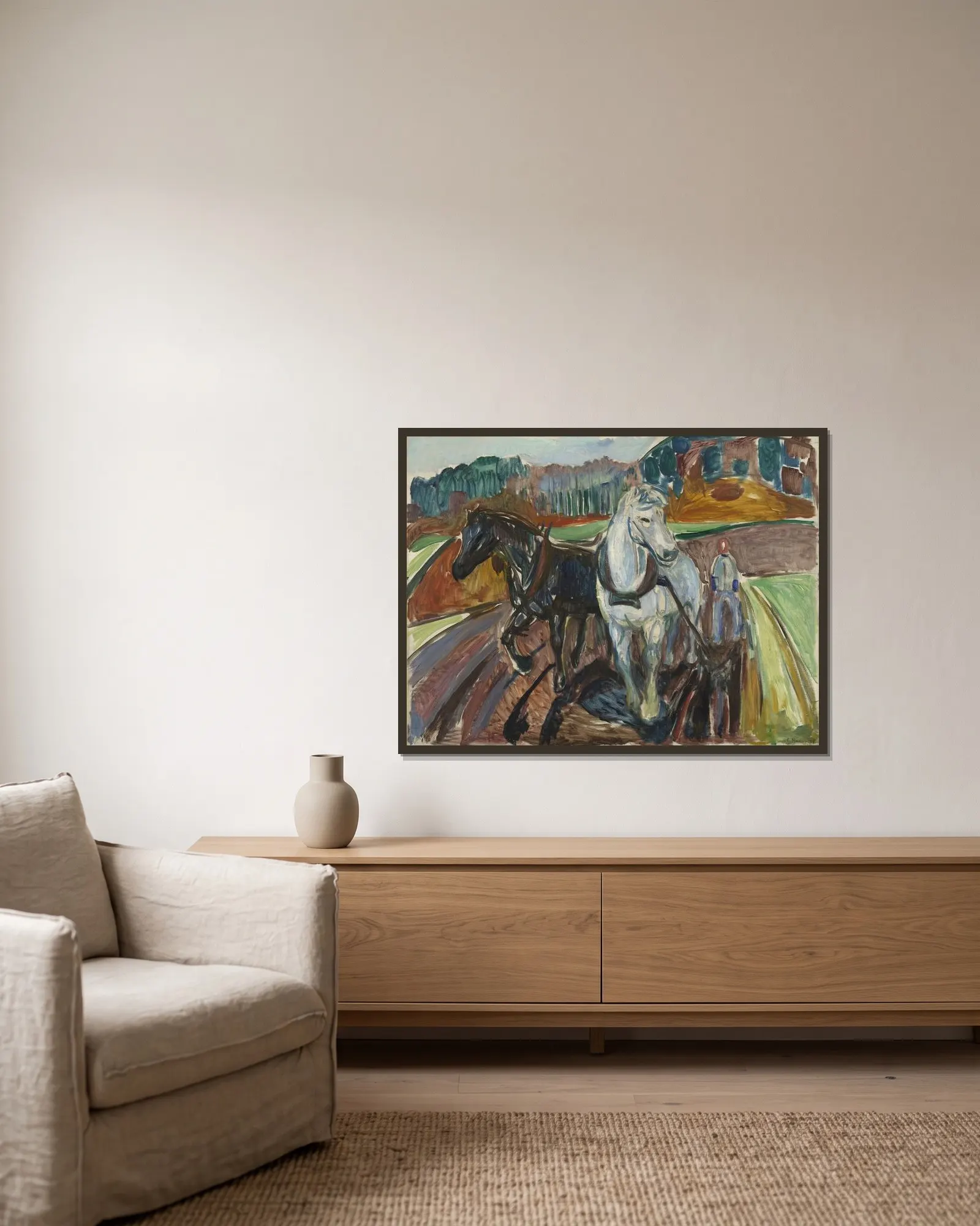 Autumn Ploughing av Edvard Munch inramad på en vägg