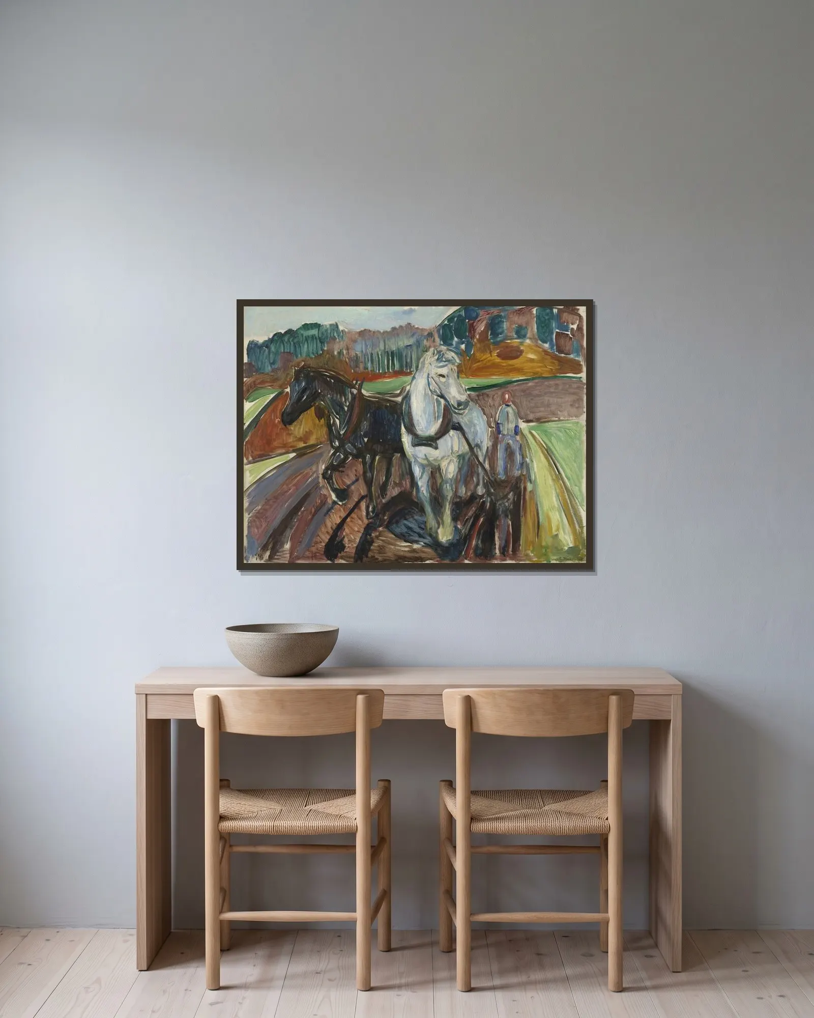 Autumn Ploughing av Edvard Munch inramad på en vägg