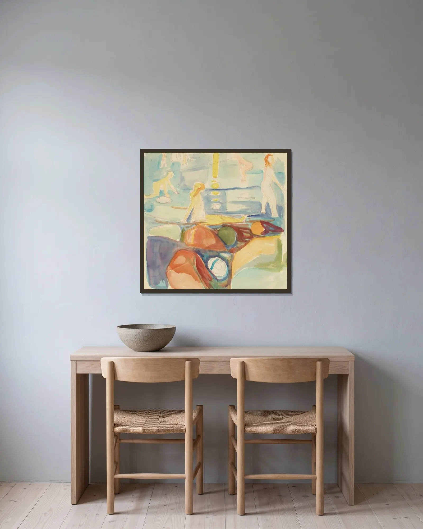 Badende kvinner, Åsgårdstrand av Edvard Munch inramad på en vägg