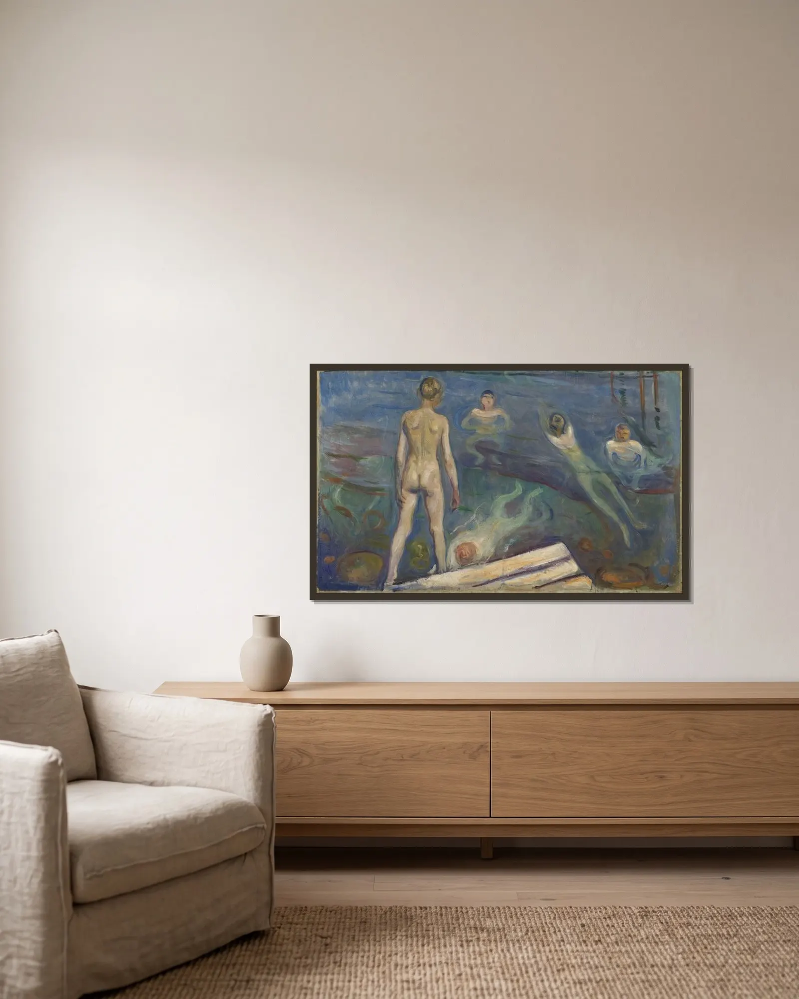 Bathing Boys av Edvard Munch inramad på en vägg