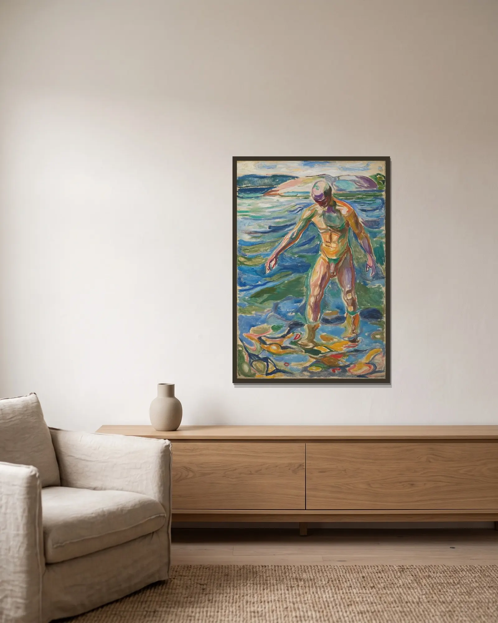 Bathing Man av Edvard Munch inramad på en vägg