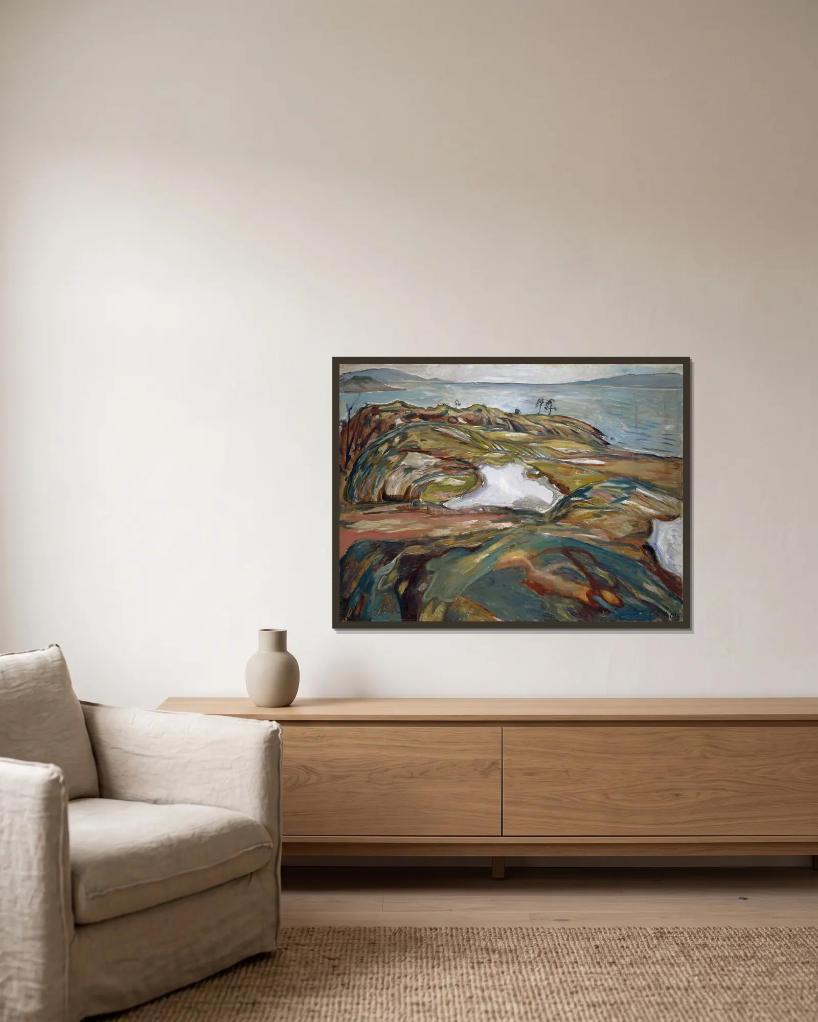 Coastal Landscape av Edvard Munch inramad på en vägg