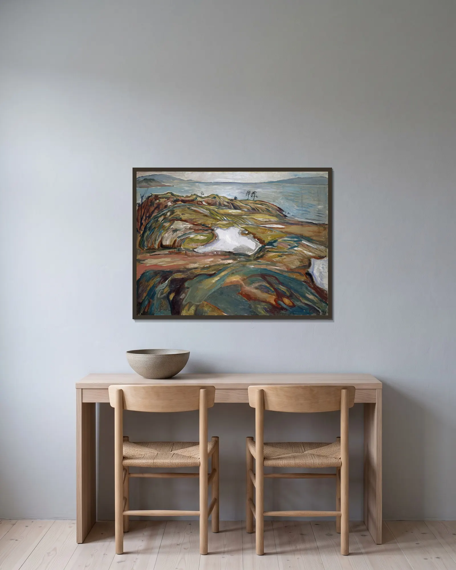 Coastal Landscape av Edvard Munch inramad på en vägg