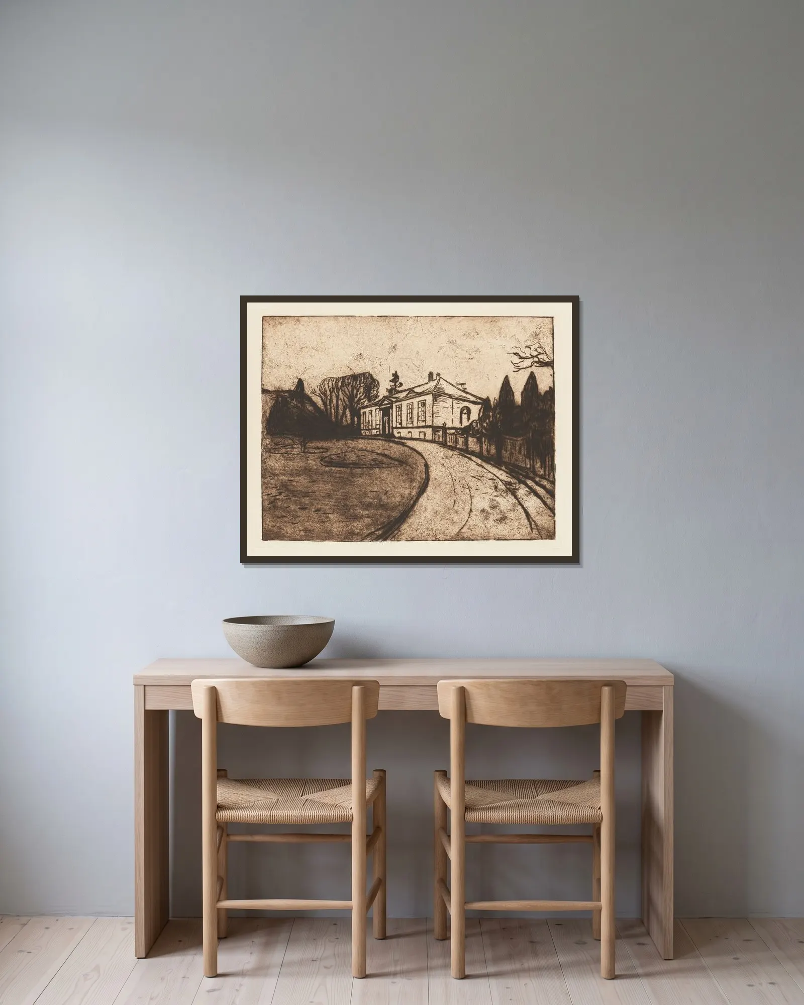 Das Haus av Edvard Munch inramad på en vägg
