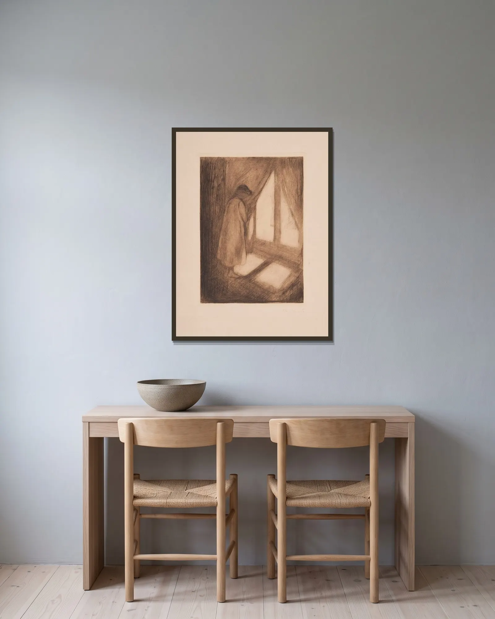 Das Mädchen am Fenster av Edvard Munch inramad på en vägg