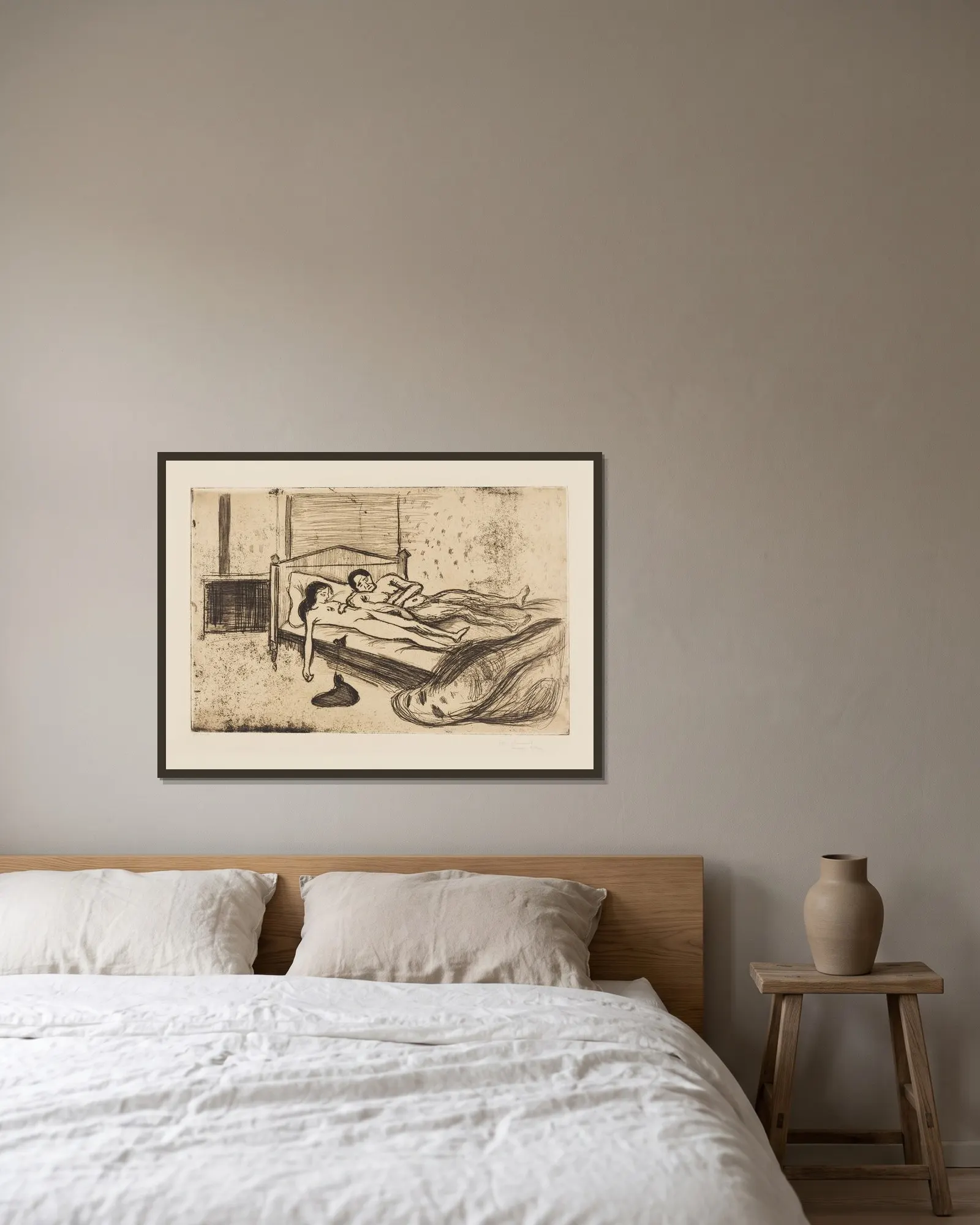 Double Suicide av Edvard Munch inramad på en vägg