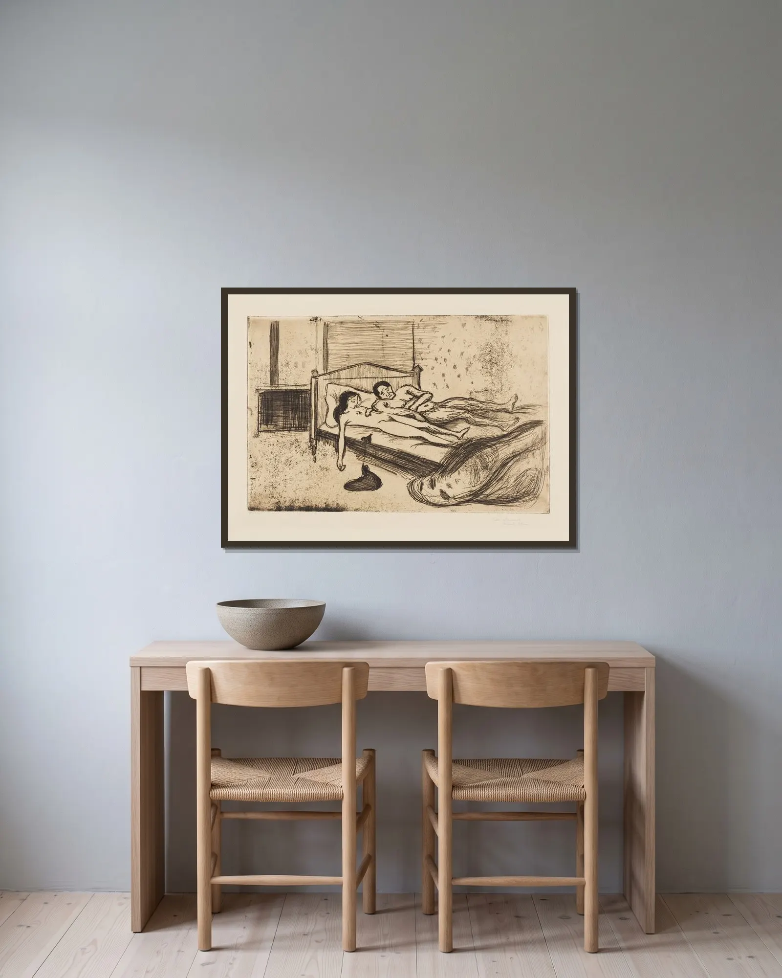 Double Suicide av Edvard Munch inramad på en vägg