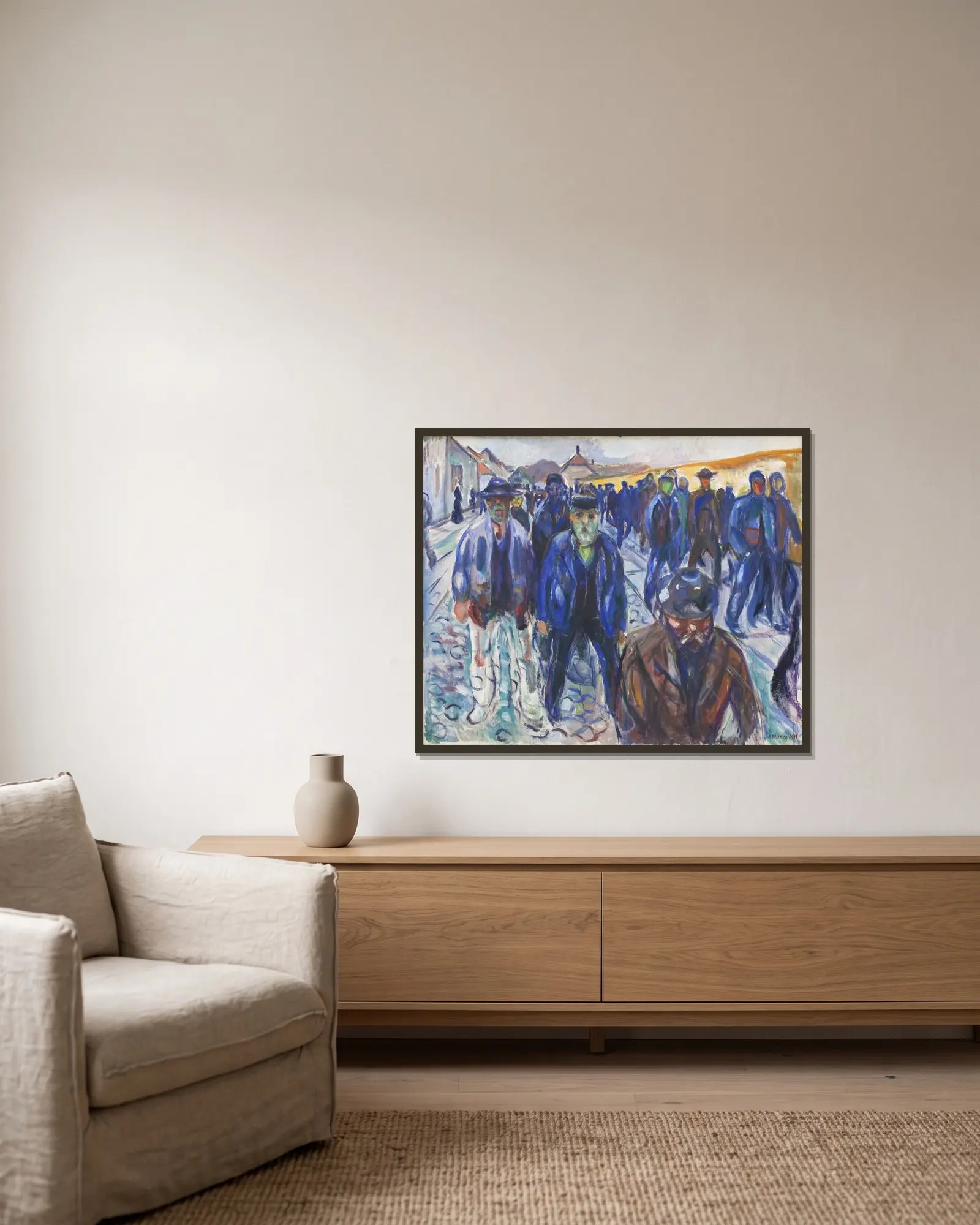 Hjemvendende arbejdere av Edvard Munch inramad på en vägg