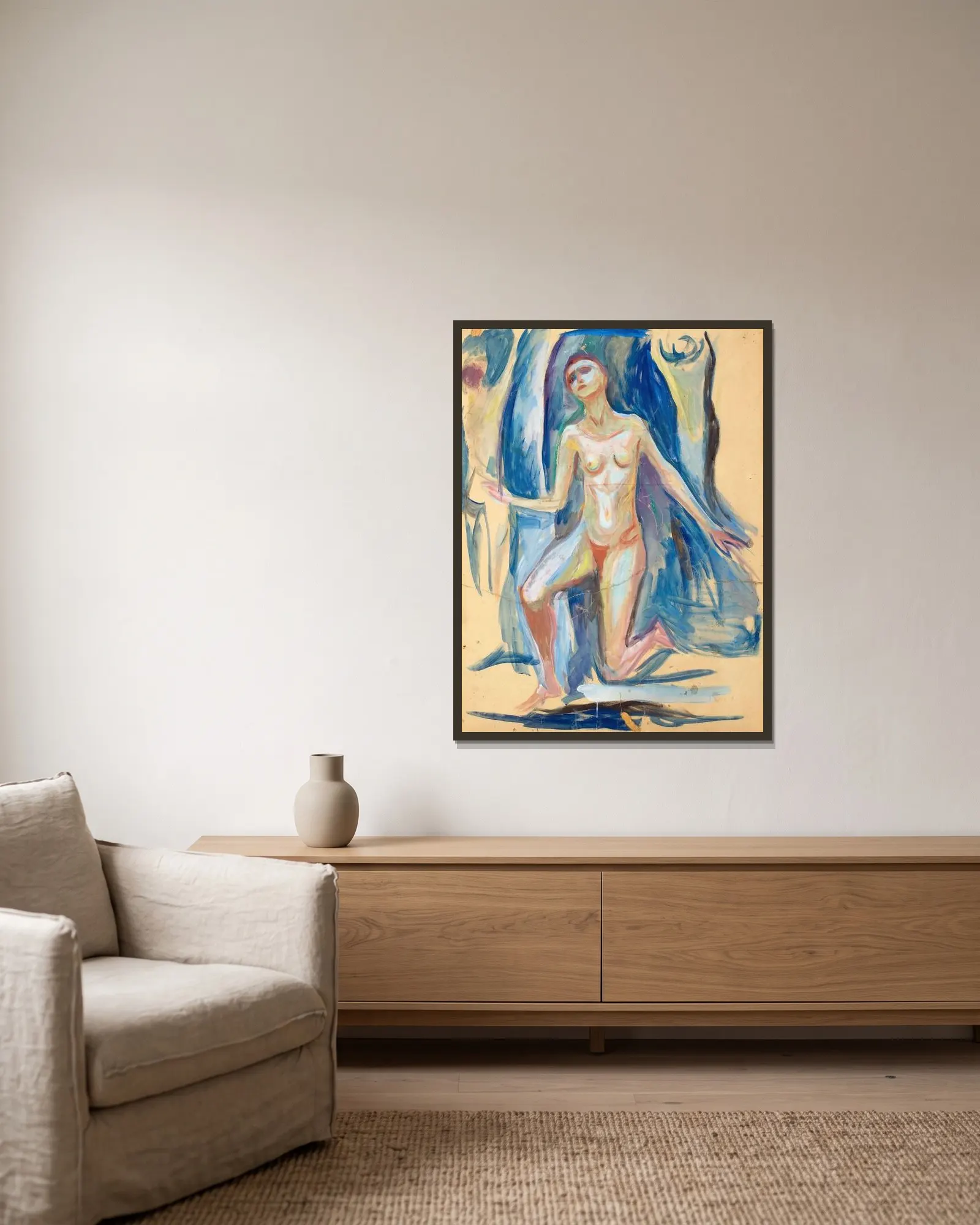 Kneeling Female Figure av Edvard Munch inramad på en vägg