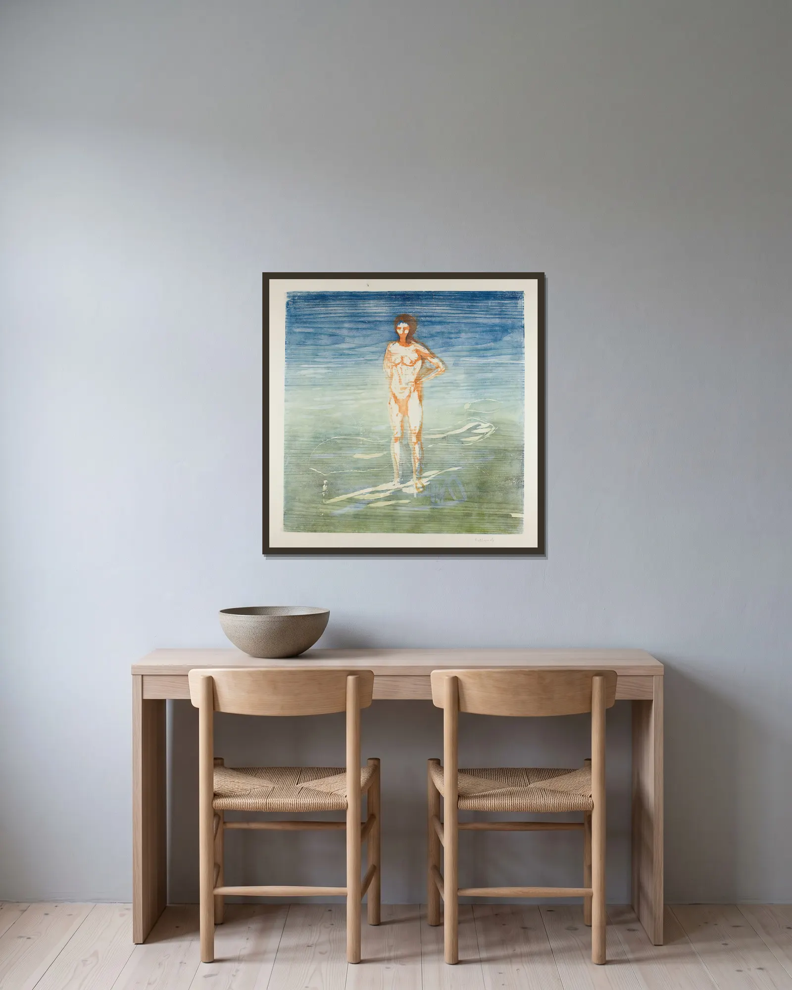 Man Bathing av Edvard Munch inramad på en vägg